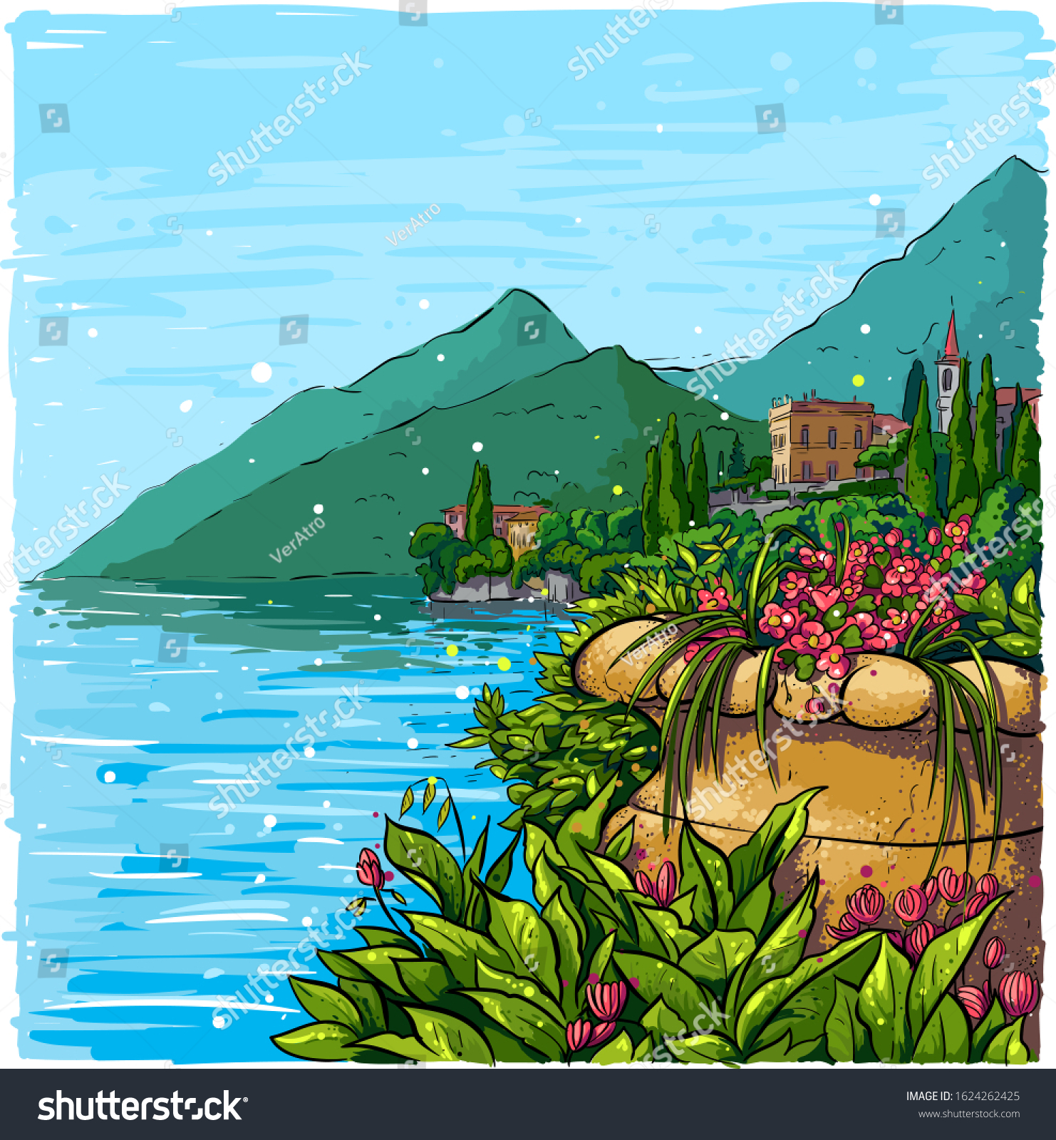 SVG of Italian landscape background with villas and cypresses. Como lake romantic sketch illustration. svg