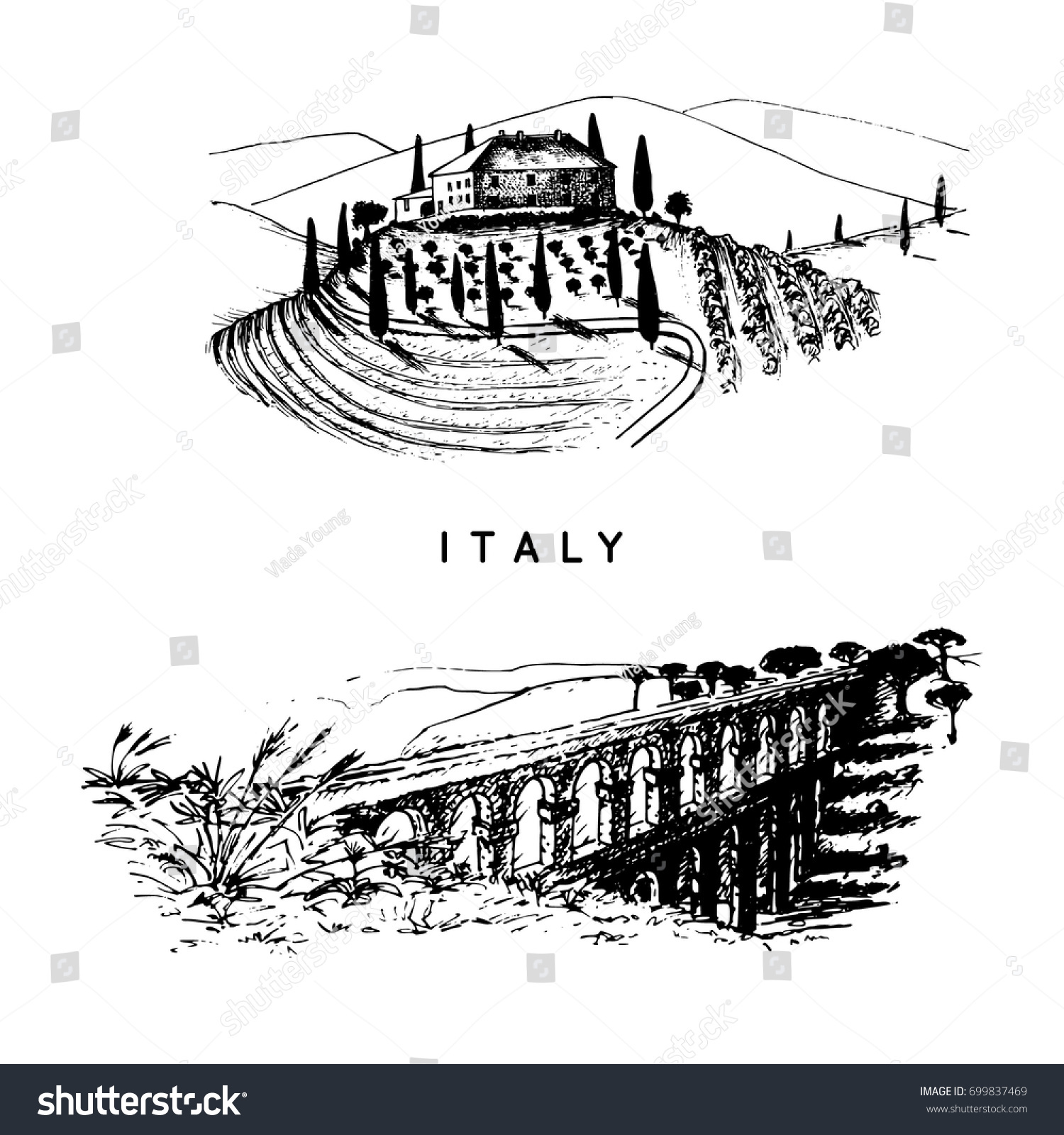 SVG of Italian landscapes set with roman aqueduct and Tuscany villa. Vector hand sketched illustration of Italy sights. European touristic symbols. svg