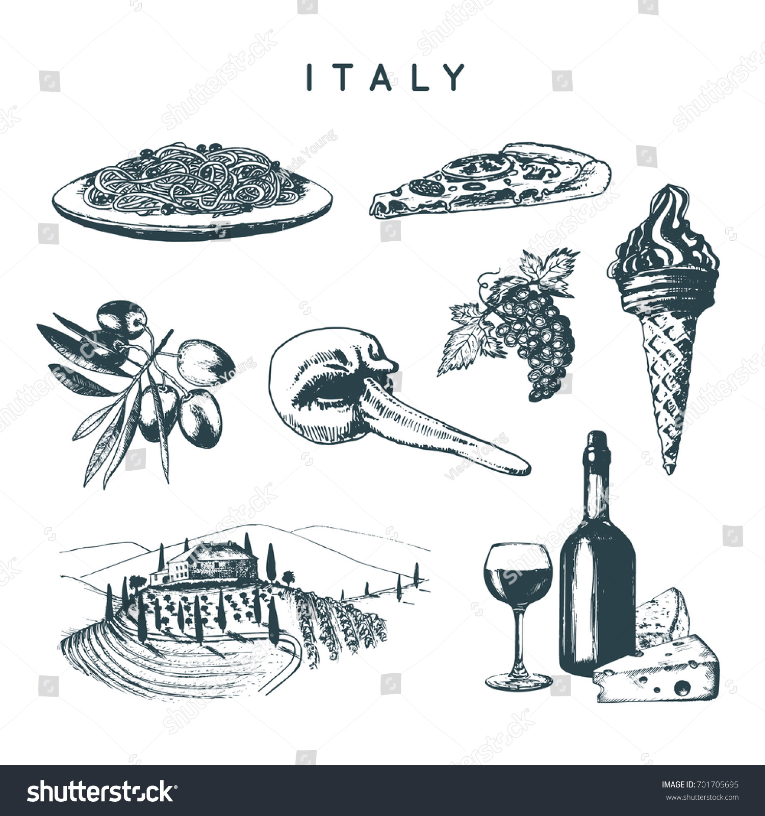 Italian Set Sketches Hand Drawn Illustrations Stock Vector (Royalty ...