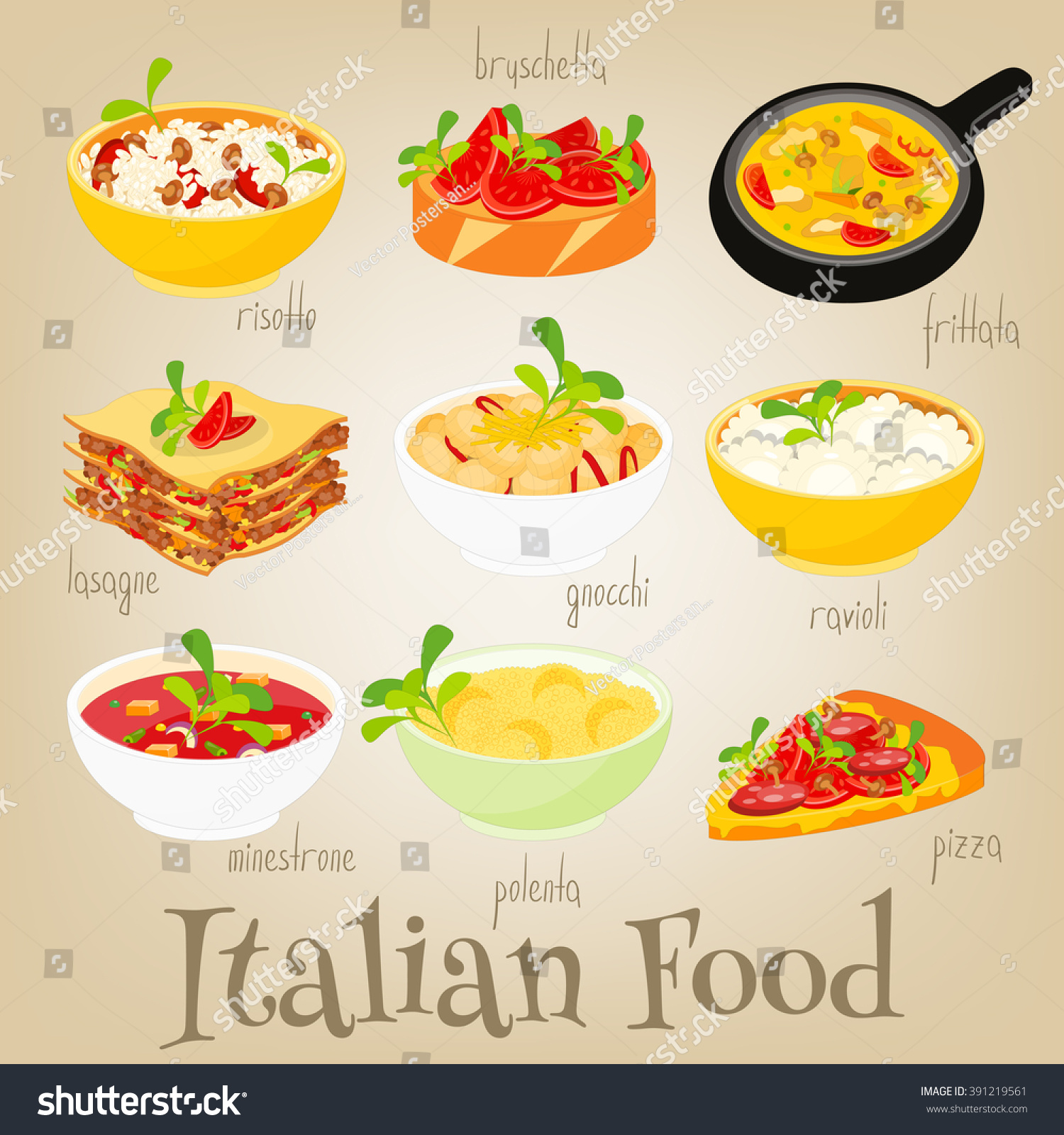 Aimant de réfrigérateur classique avec illustration de nourriture et boissons. Cuisine italienne