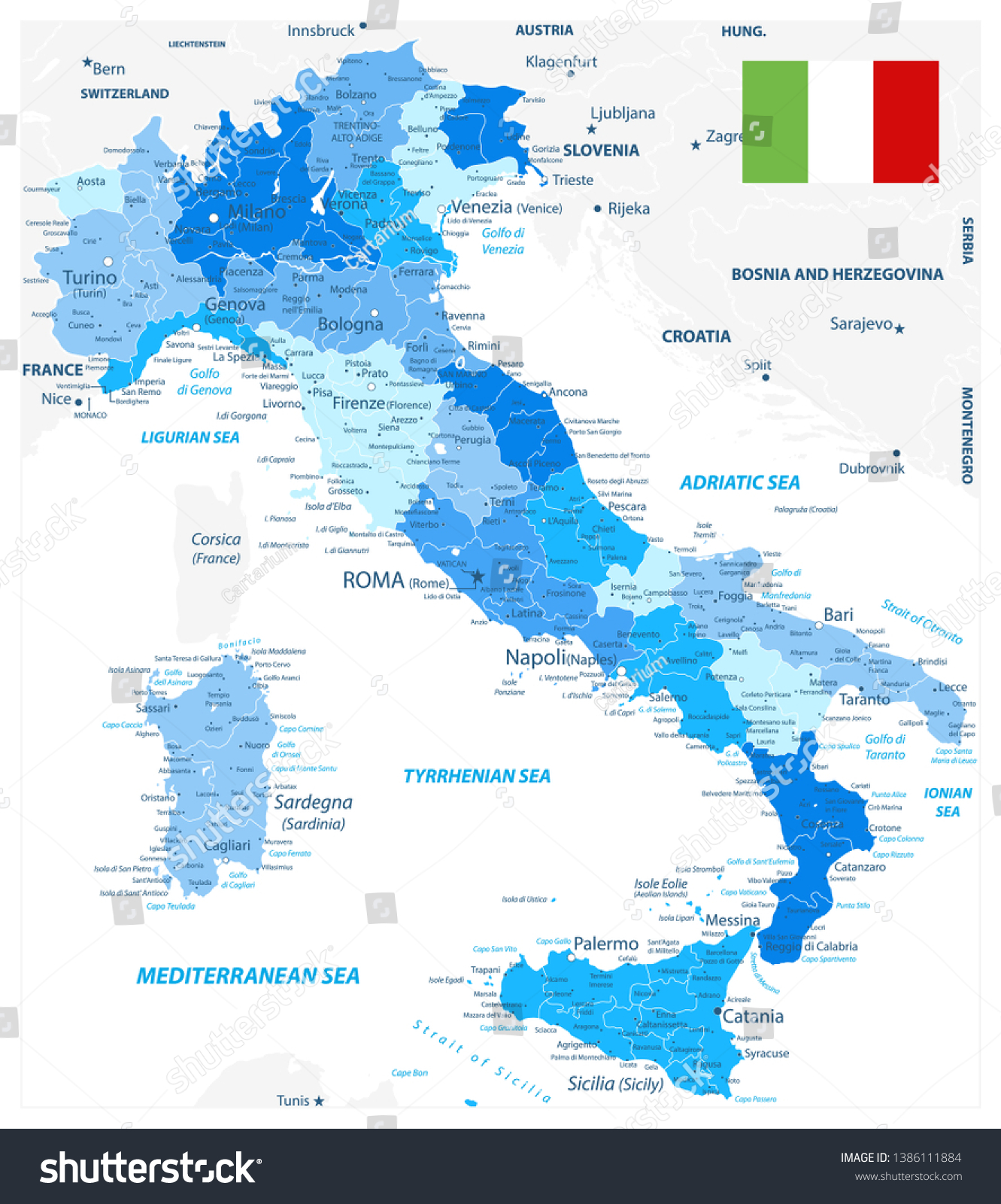 Italy Administrative Divisions Map Blue Colors Vector De Stock Libre De Regalías 1386111884 2832