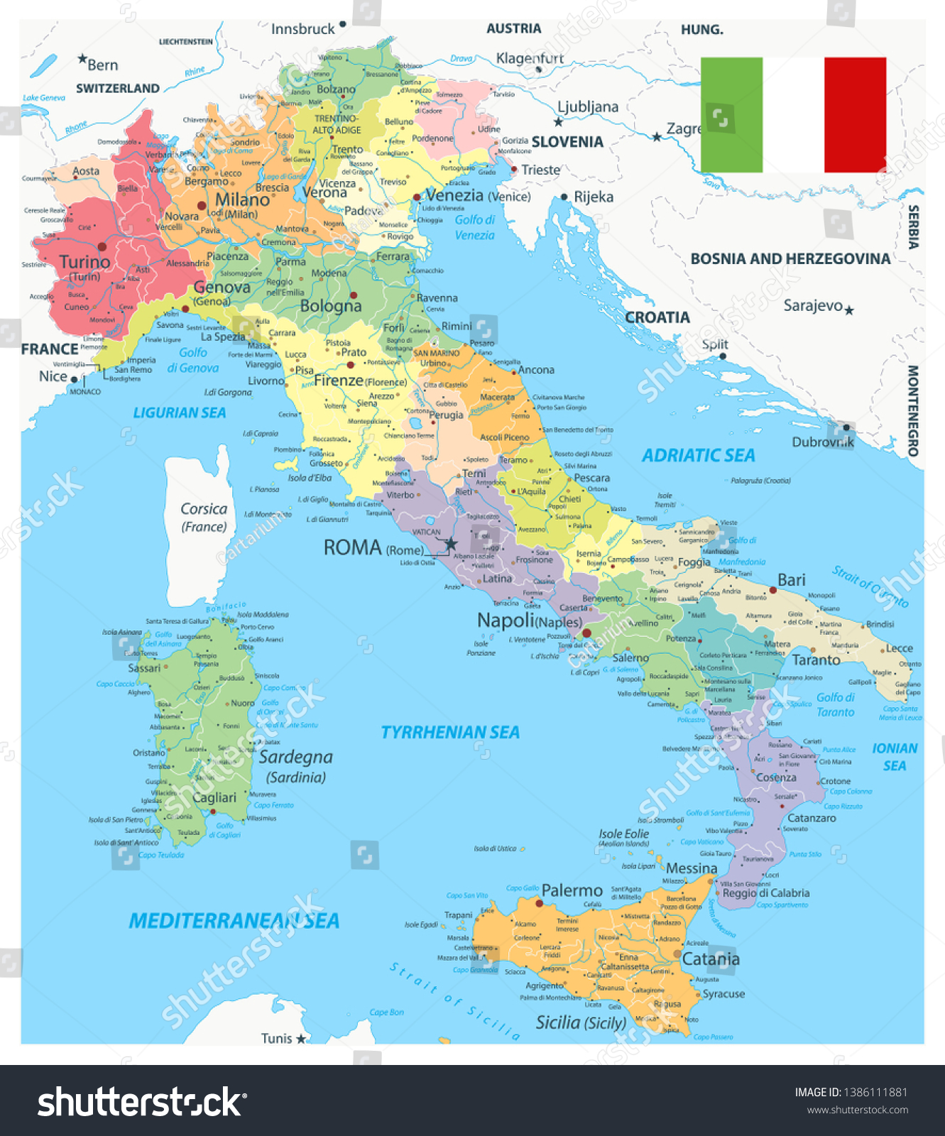 イタリアの行政区画マップ イタリアの地図の詳細なベクターイラスト