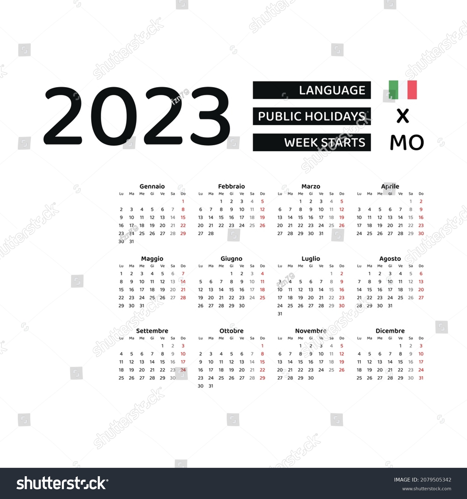 Italy Calendar 2023 Week Starts Monday Stock Vector (Royalty Free