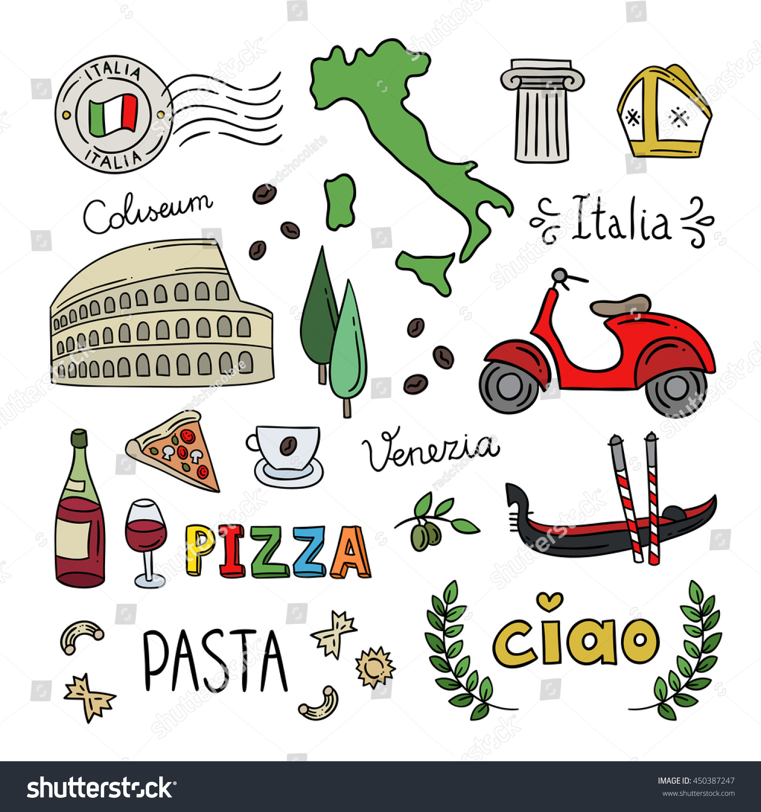 Italy Doodle Symbols Hand Drawn Icons Stock Vector 450387247 - Shutterstock