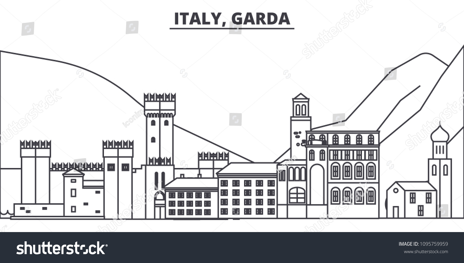 SVG of Italy, Garda line skyline vector illustration. Italy, Garda linear cityscape with famous landmarks, city sights, vector landscape.  svg