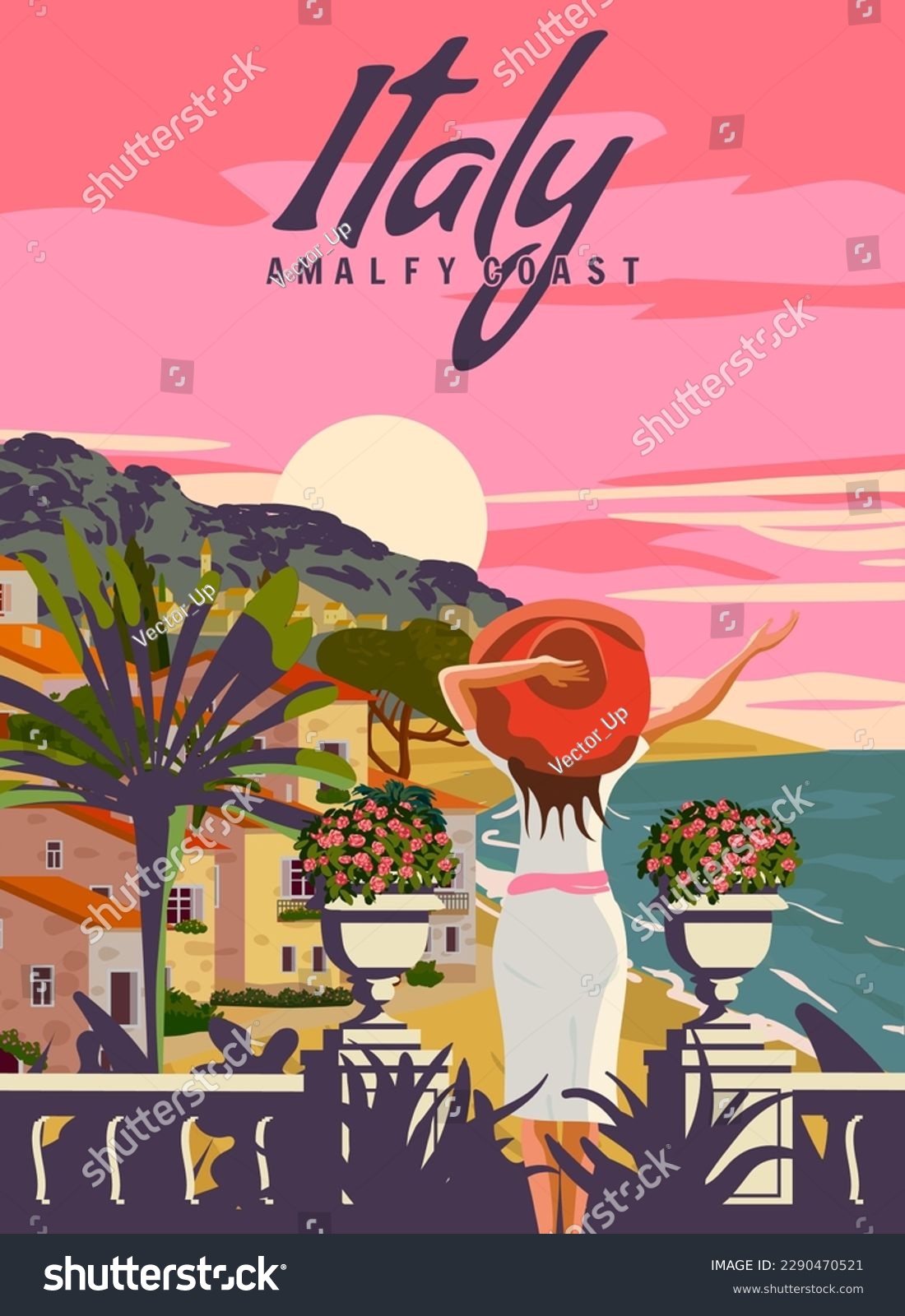 SVG of Italy, Lady on vacation, Riviera coast poster vintage, palm, resort, coast, sea, beach svg