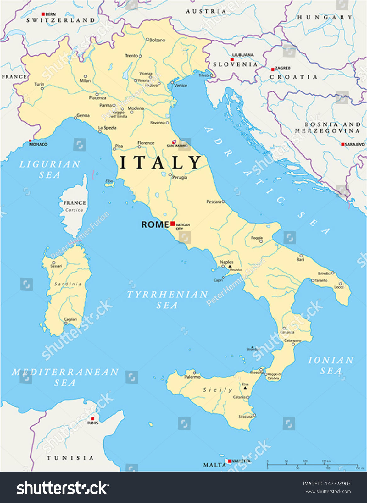 SVG of Italy Map - Hand drawn map of Italy with the capital Rome, the Vatican and San Marino, national borders, most important cities, rivers and lakes. Vector illustration with english labeling and scale. svg