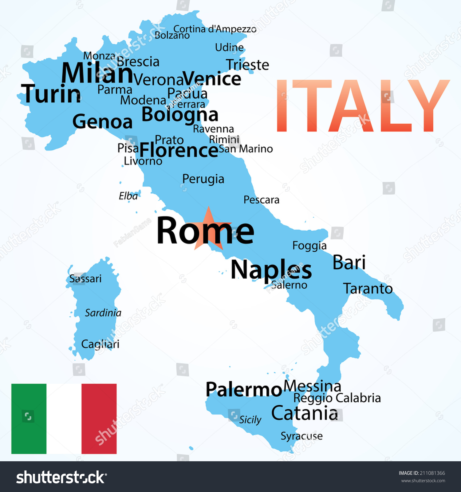 Italy Map Italy Largest Cities Carefully Stock Vector Royalty