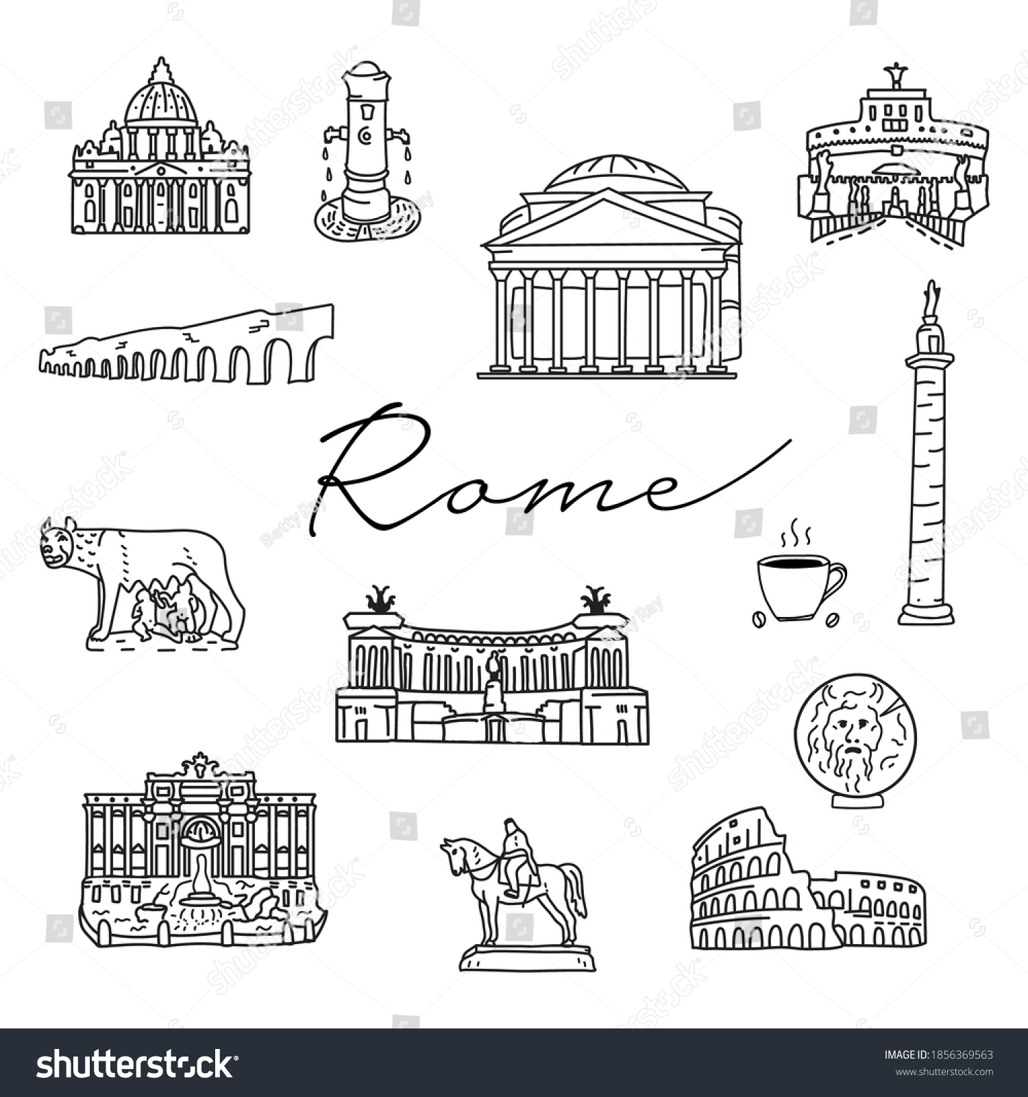 SVG of Italy Rome hand drawn doodle icons. travel architecture. Fountains, cathedrals. Italian symbols outline drawing clipart isolated on white background svg