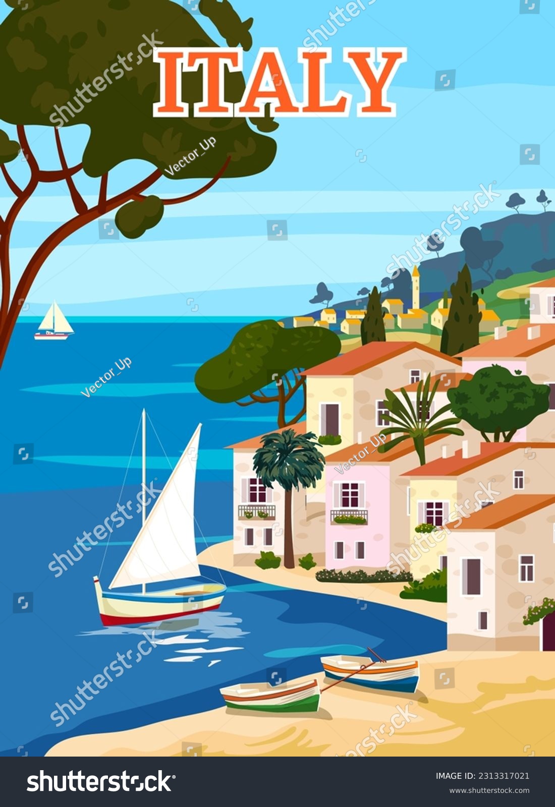 SVG of Italy Travel Poster, mediterranean romantic landscape, mountains, seaside town, sailboat, sea. Retro poster svg
