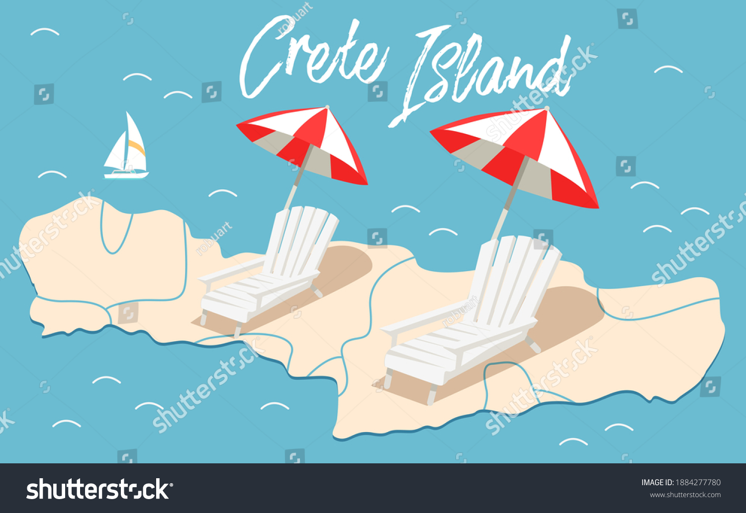 SVG of Items for recreation at sea or ocean. Sun loungers and parasols for sunbathing and relaxing on beach. A pair of beach accessories vector illustration. Crete island travel map surrounded by water svg