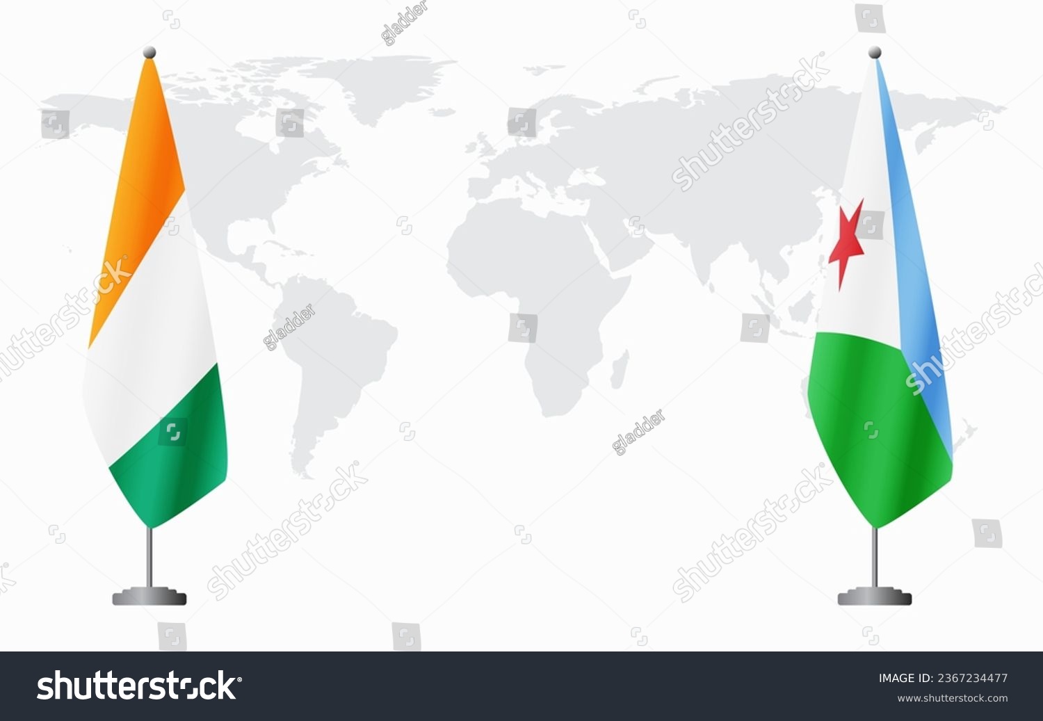 SVG of Ivory Coast and Djibouti flags for official meeting against background of world map. svg