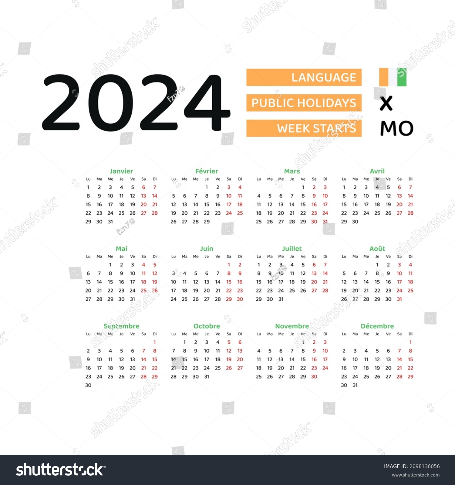 Ivory Coast Calendar 2024 Week Starts Stock Vector (Royalty Free