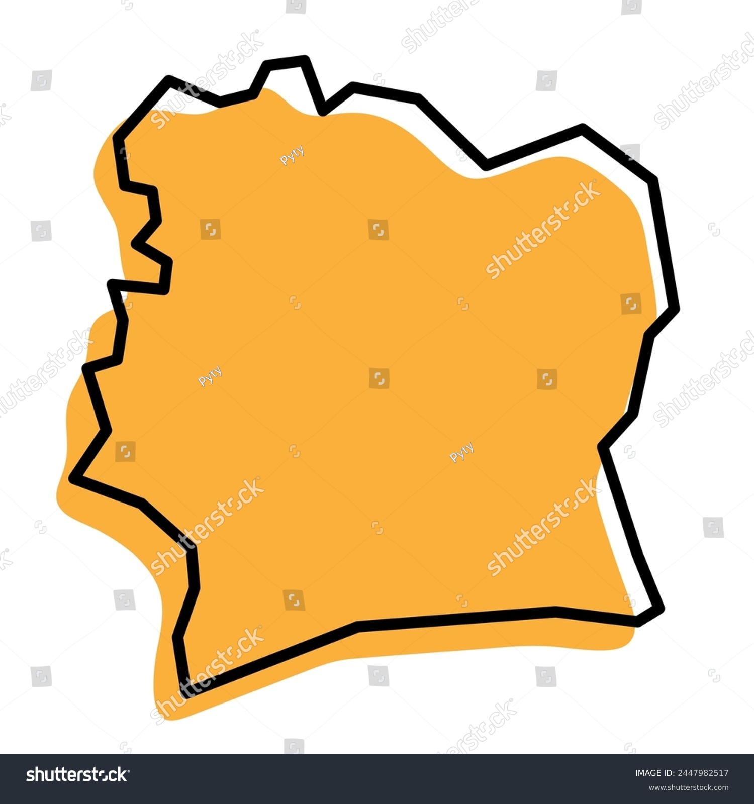 SVG of Ivory Coast country simplified map. Orange silhouette with thick black sharp contour outline isolated on white background. Simple vector icon svg