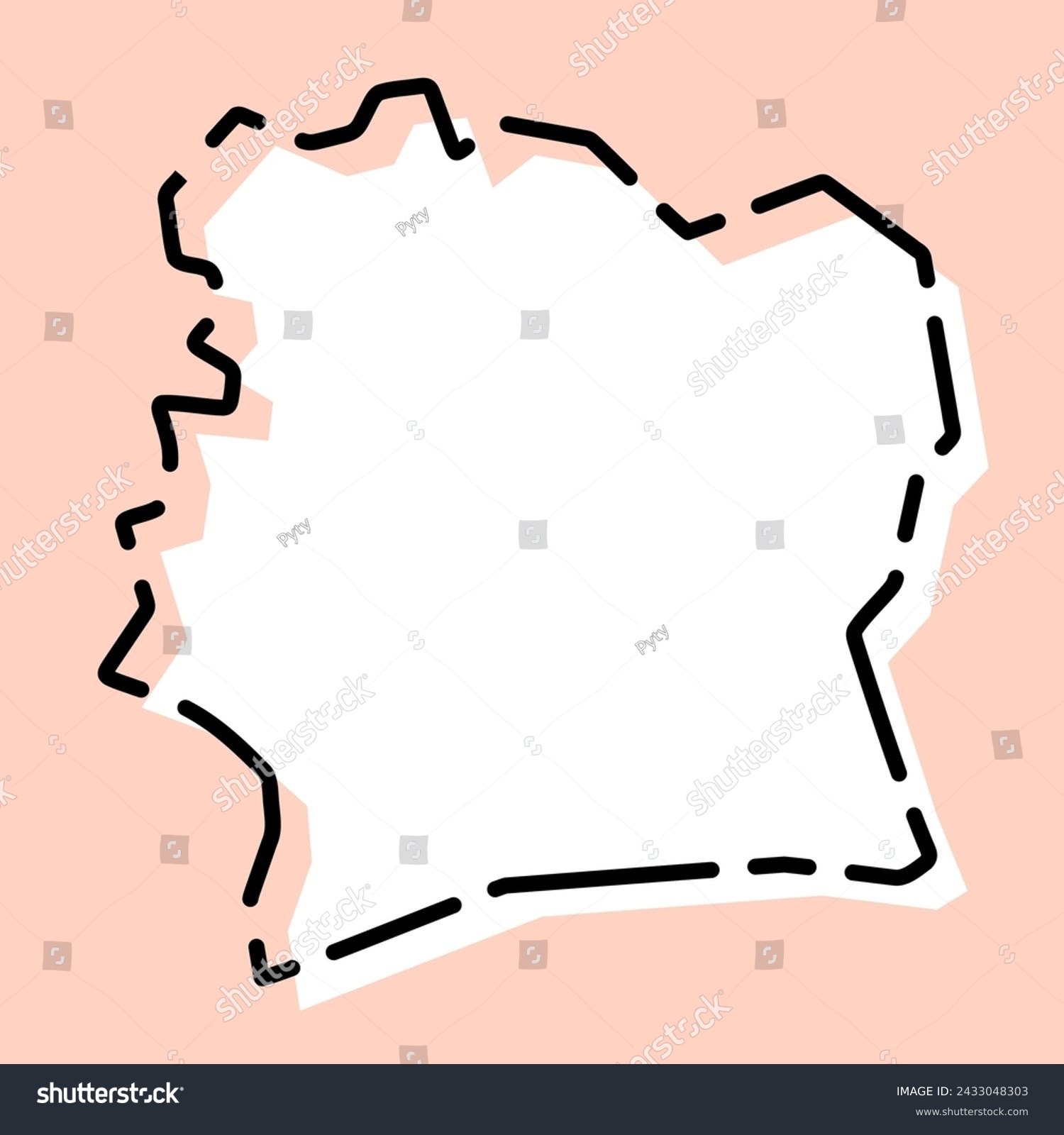 SVG of Ivory Coast country simplified map. White silhouette with black broken contour on pink background. Simple vector icon svg