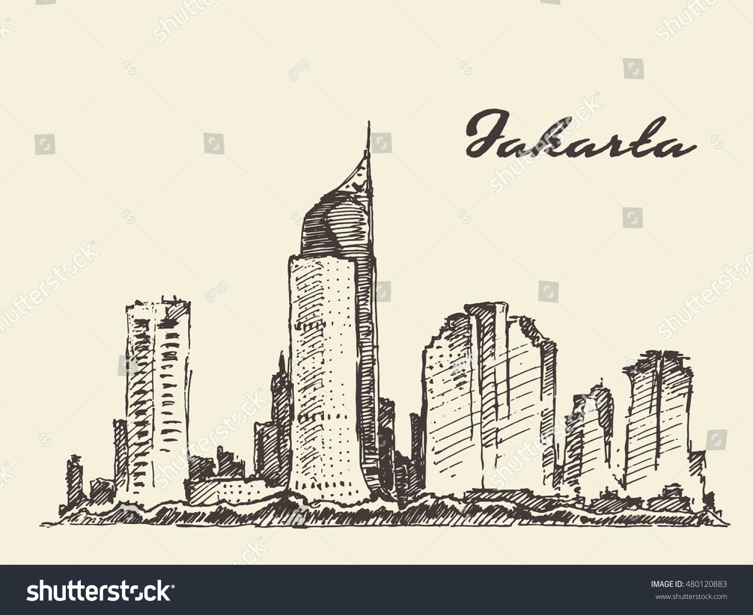 Jakarta Skyline Vintage Engraved Illustration Hand Stock Vector