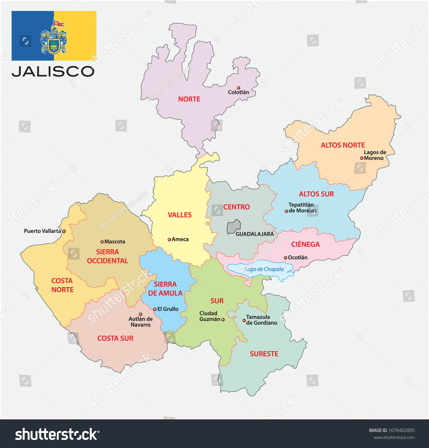 Jalisco Administrative Political Vector Map Flag Stock Vector (Royalty ...