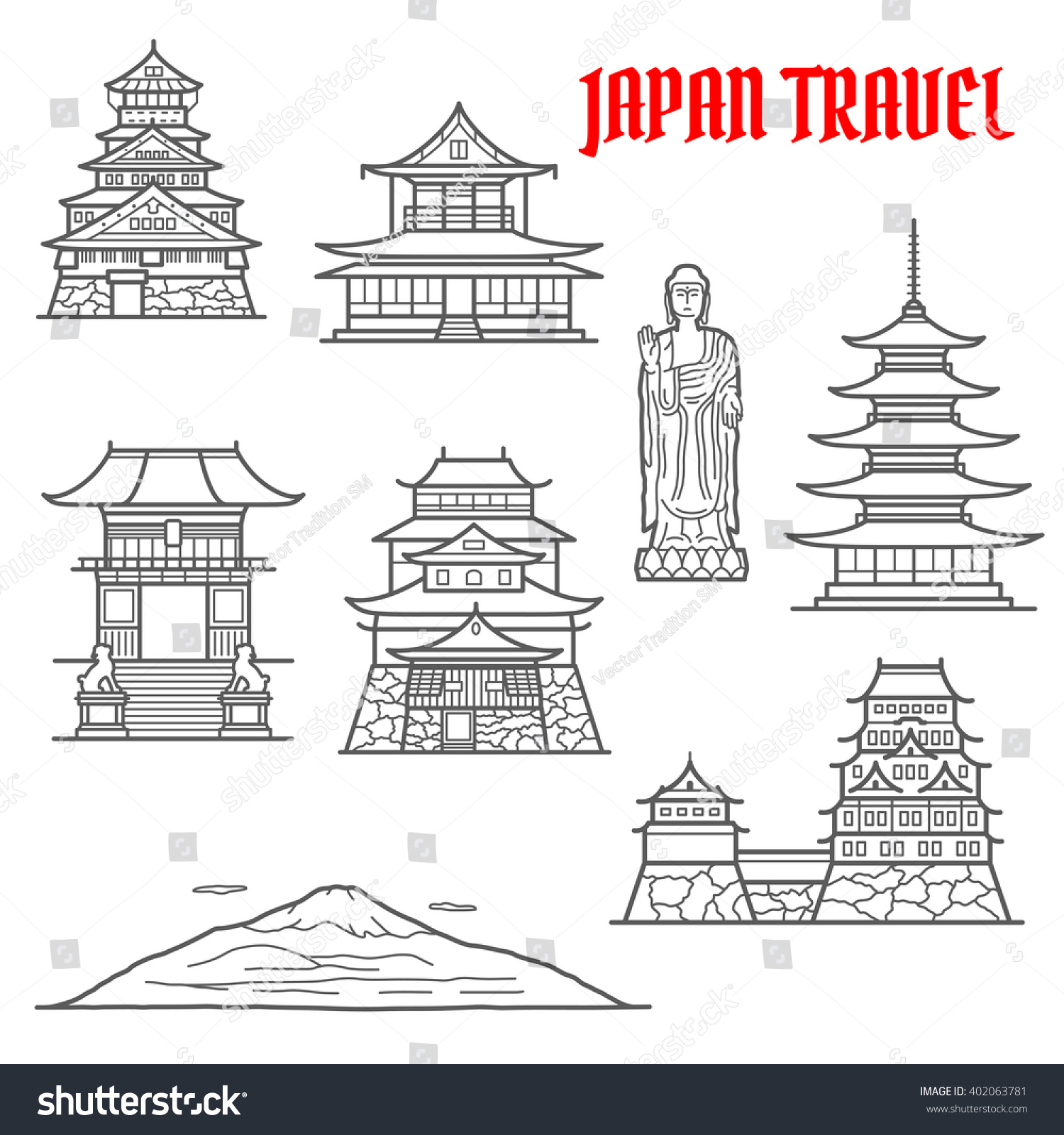 Japan Landmarks Thin Line Icons Of Fuji And Ushiku Great Buddha, Palace ...