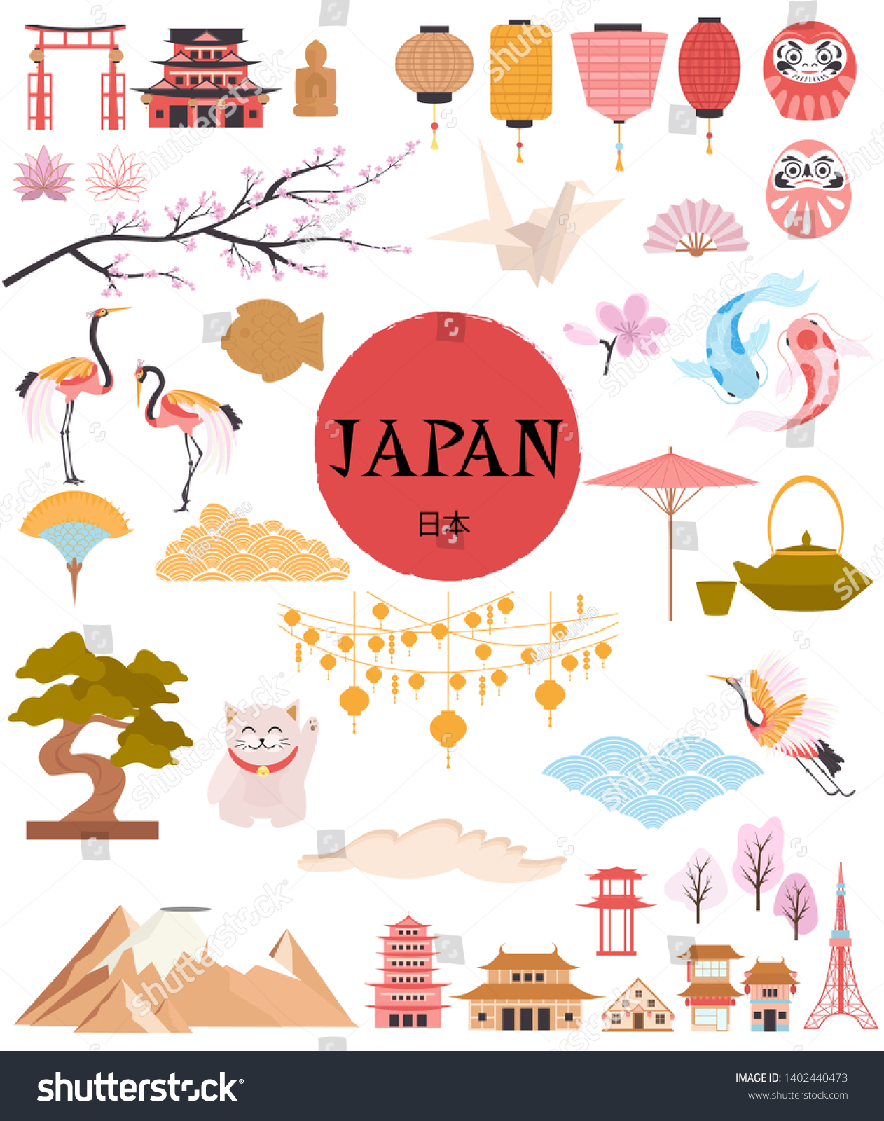 Japan Traditional Famous Elements Symbols Collection Stock Vector Royalty Free 1402440473