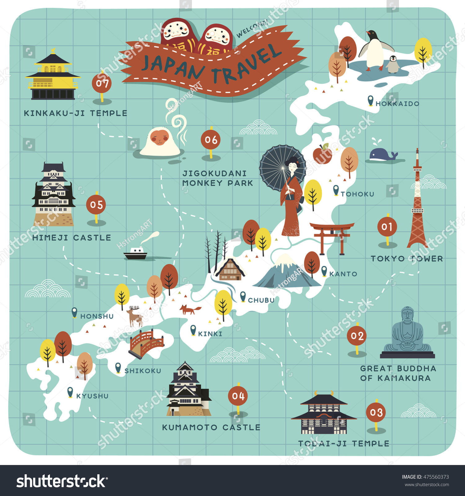 Japan Travel Map Historical Sites On Stock Vector 475560373 - Shutterstock