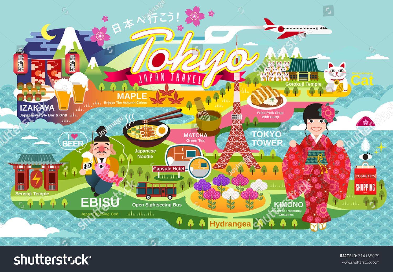 Japan Travel Poster Tokyo Attractions Traditional Stock Vector Royalty Free