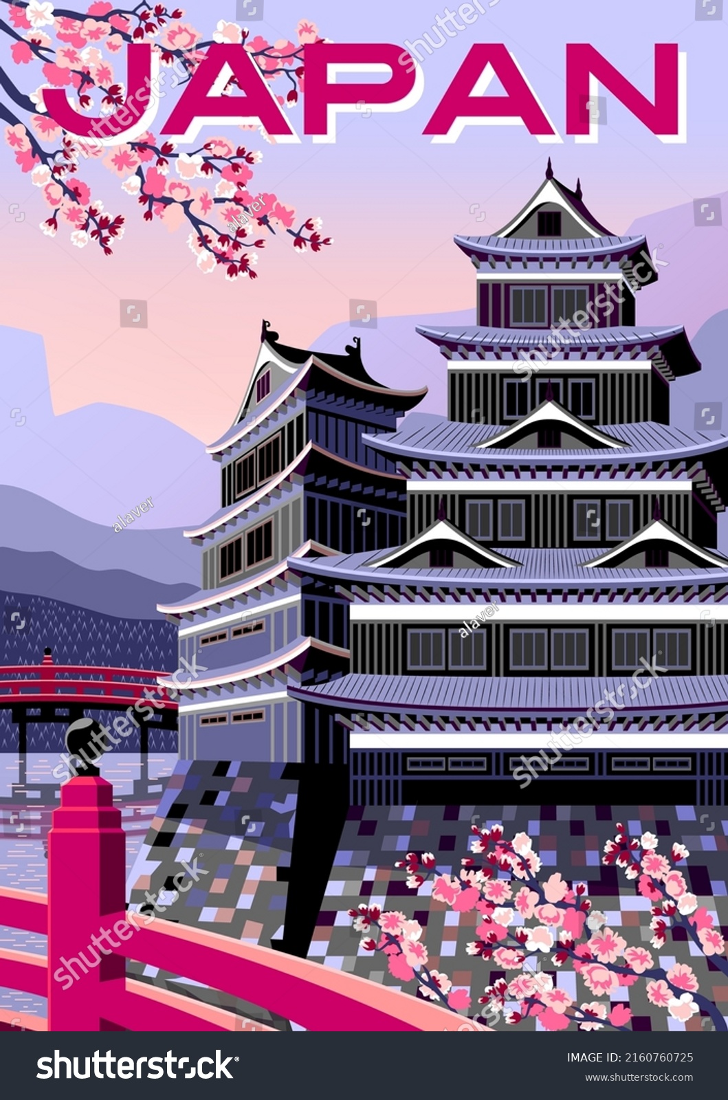 SVG of Japan Travel Poster with a bridge, cherry blossoms and an ancient castle and mountains in the background. Handmade drawing vector illustration. Flat design. Vintage style.  svg