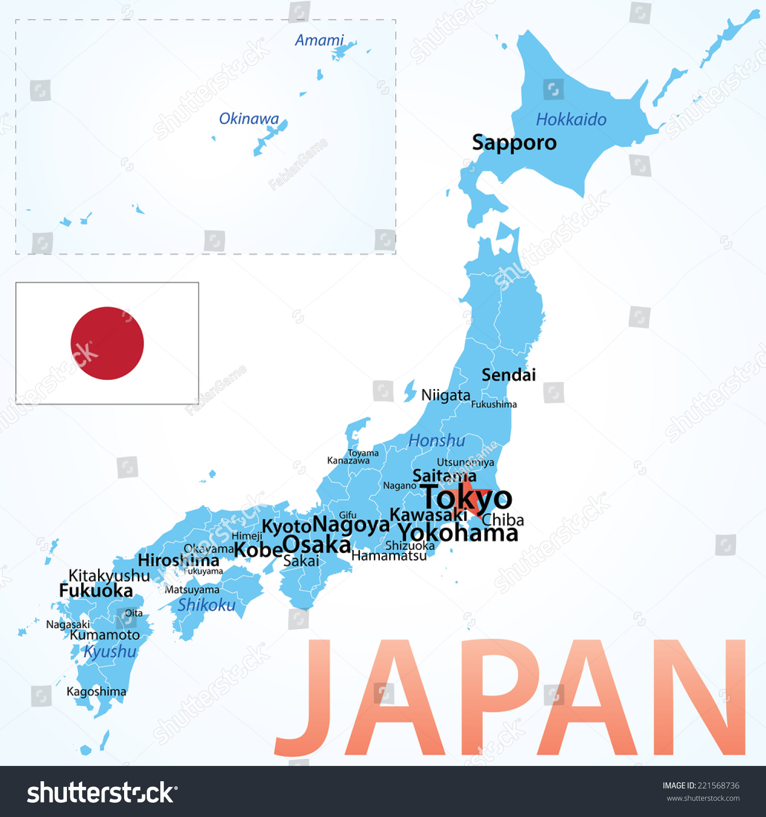 Japan Vector Map Largest Cities Carefully Stock Vector Royalty