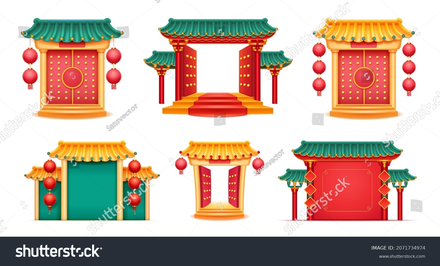 SVG of Japanese and Chinese architecture and religious buildings, isolated set of castles with open gates, temples with hanging paper lanterns and columns, steps and paths. CNY holiday celebrations svg
