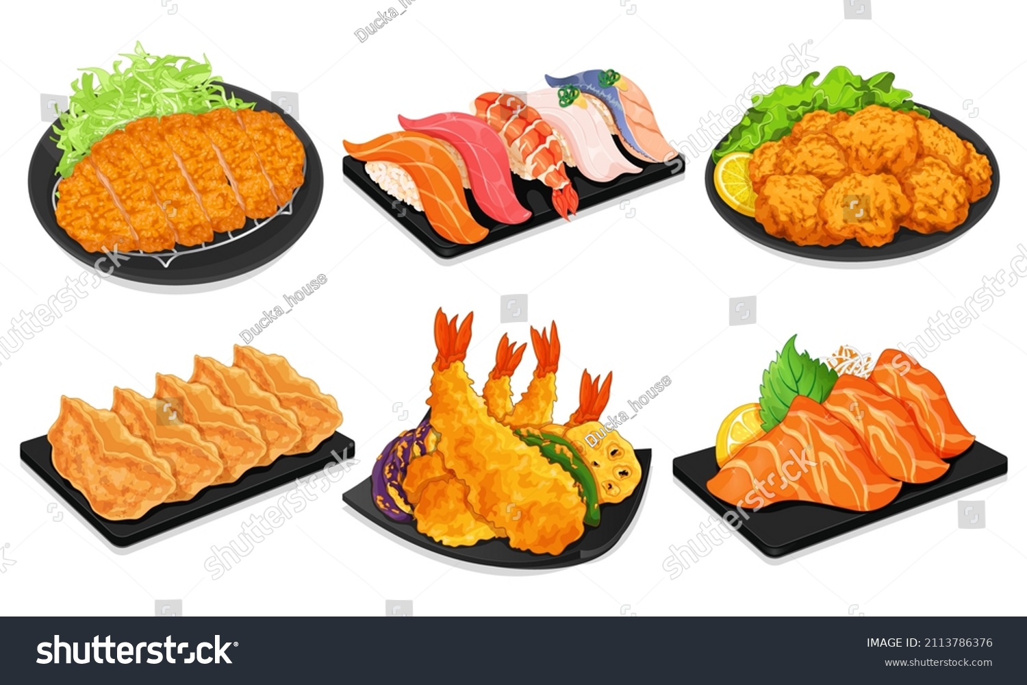 SVG of Japanese appetizers menu recipe illustration vector.
(Tonkatsu, Sushi, Karaage, Gyoza, Tempura and Salmon Sashimi) svg
