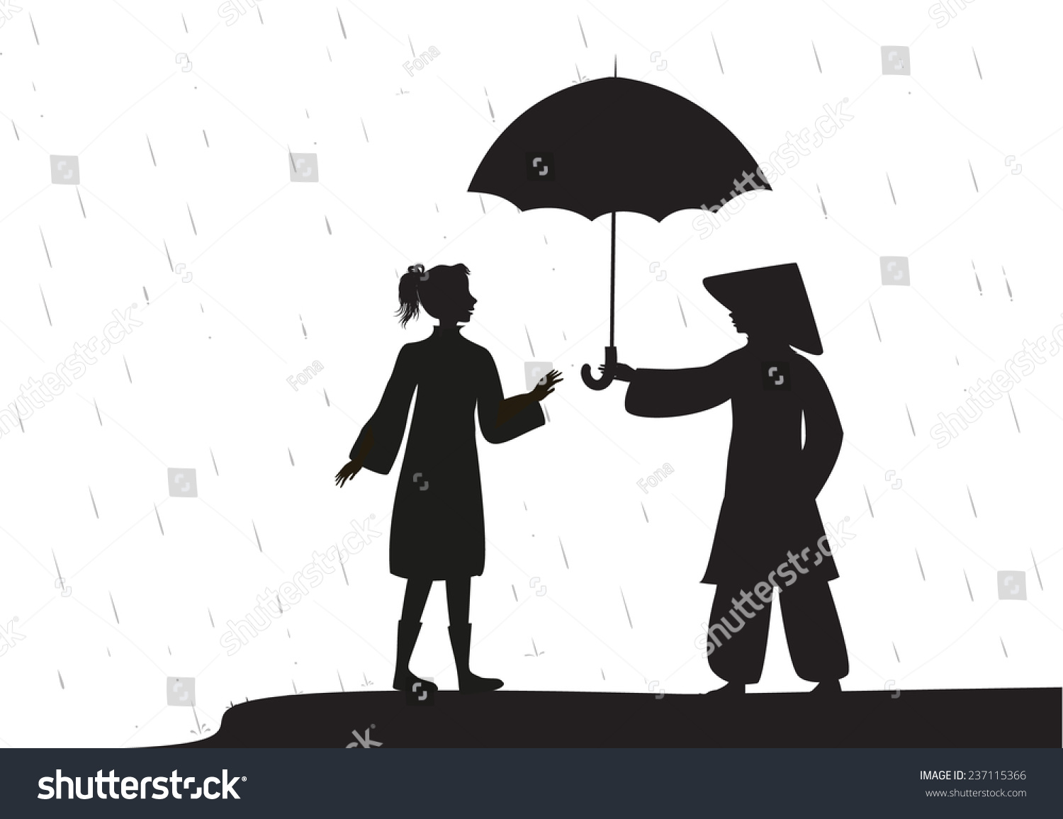 Japanese Boy Gives Umbrella European Girl Stock Vector Royalty Free