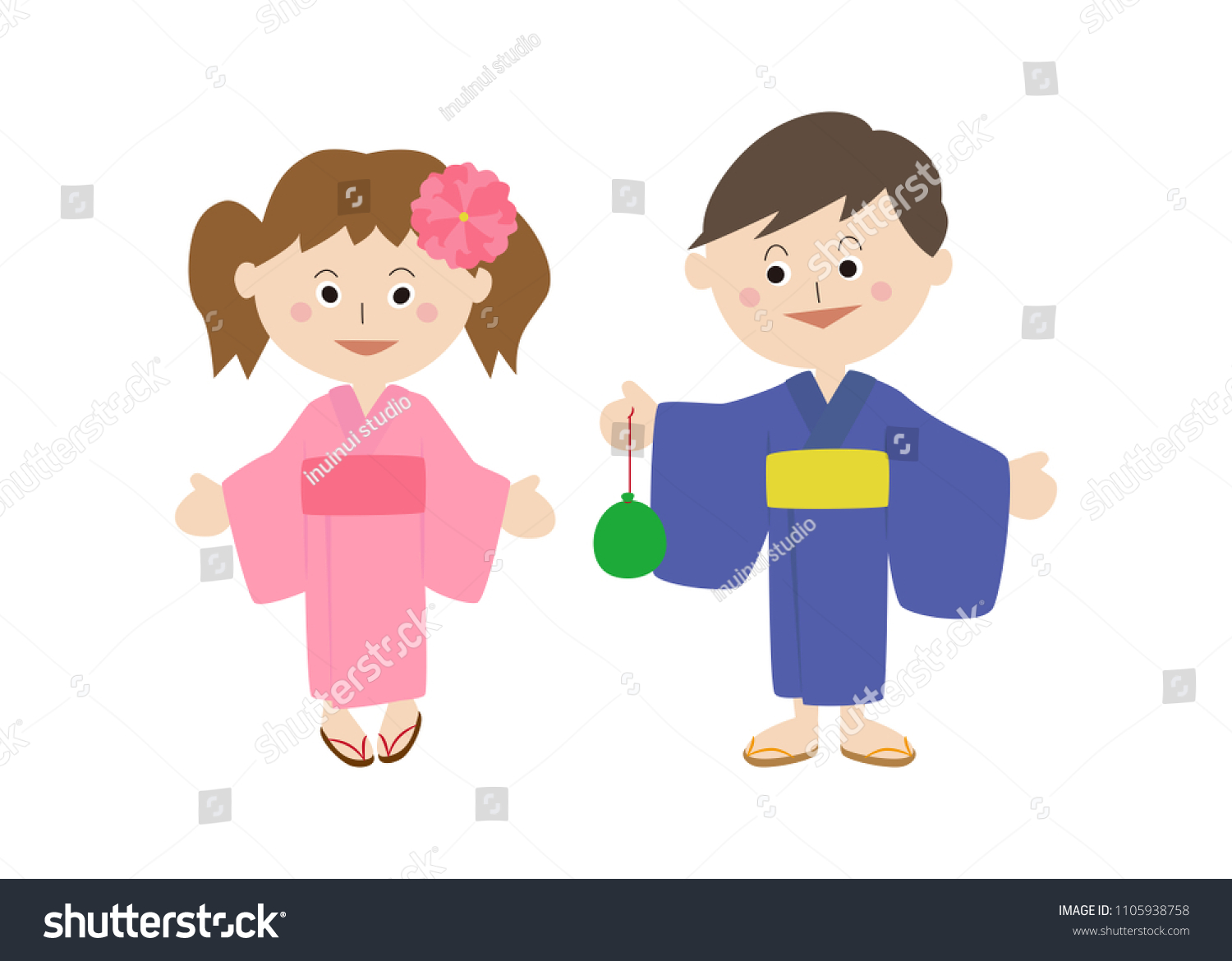 Japanese Children Wearing Yukata Stock Vector (Royalty Free) 1105938758