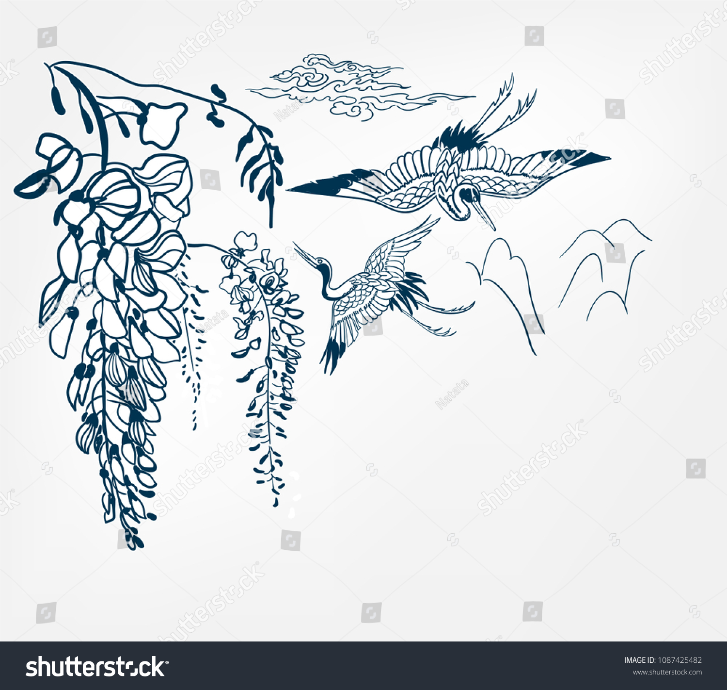 SVG of japanese chinese design sketch ink paint style card background pattern wisteria flower crans mountains clouds svg