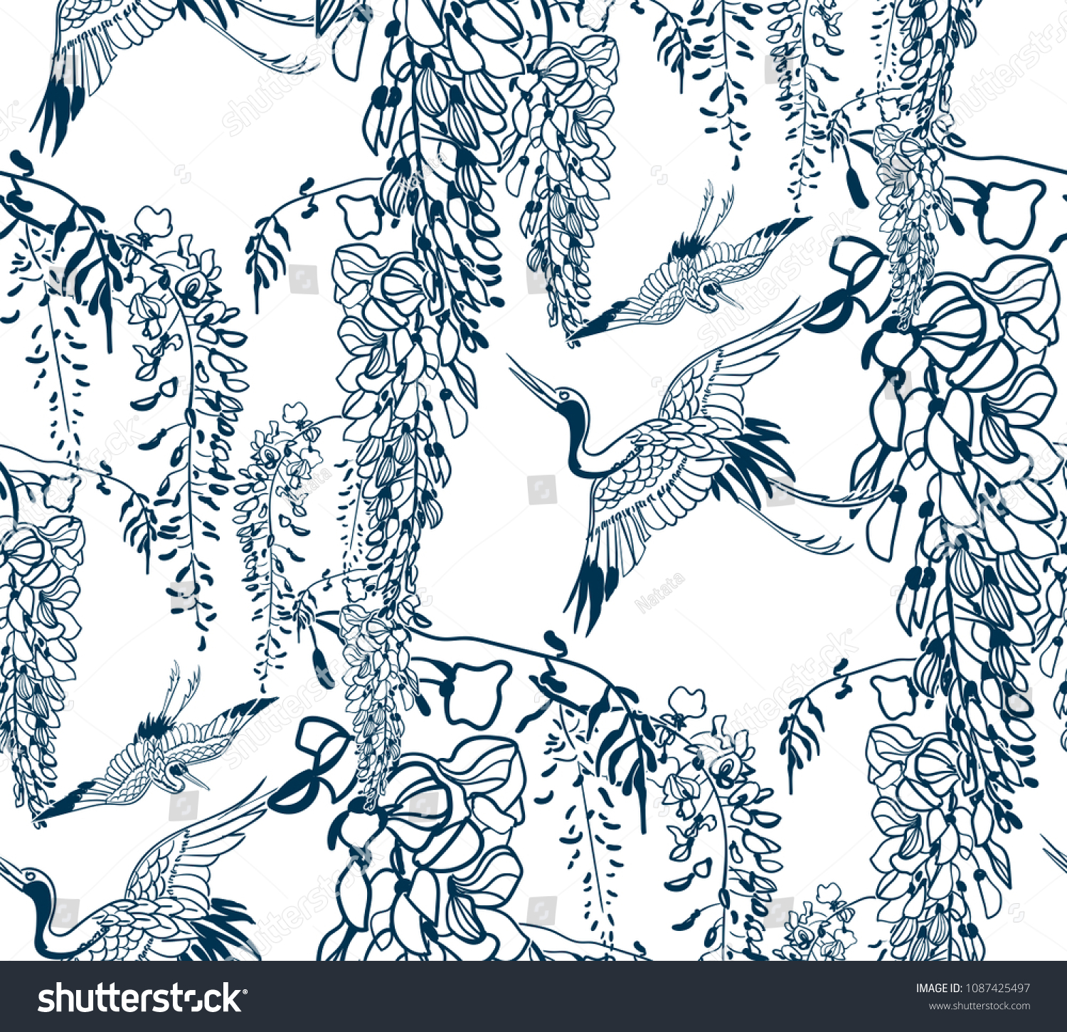 SVG of japanese chinese design sketch ink paint style seamless pattern wisteria flower crans svg