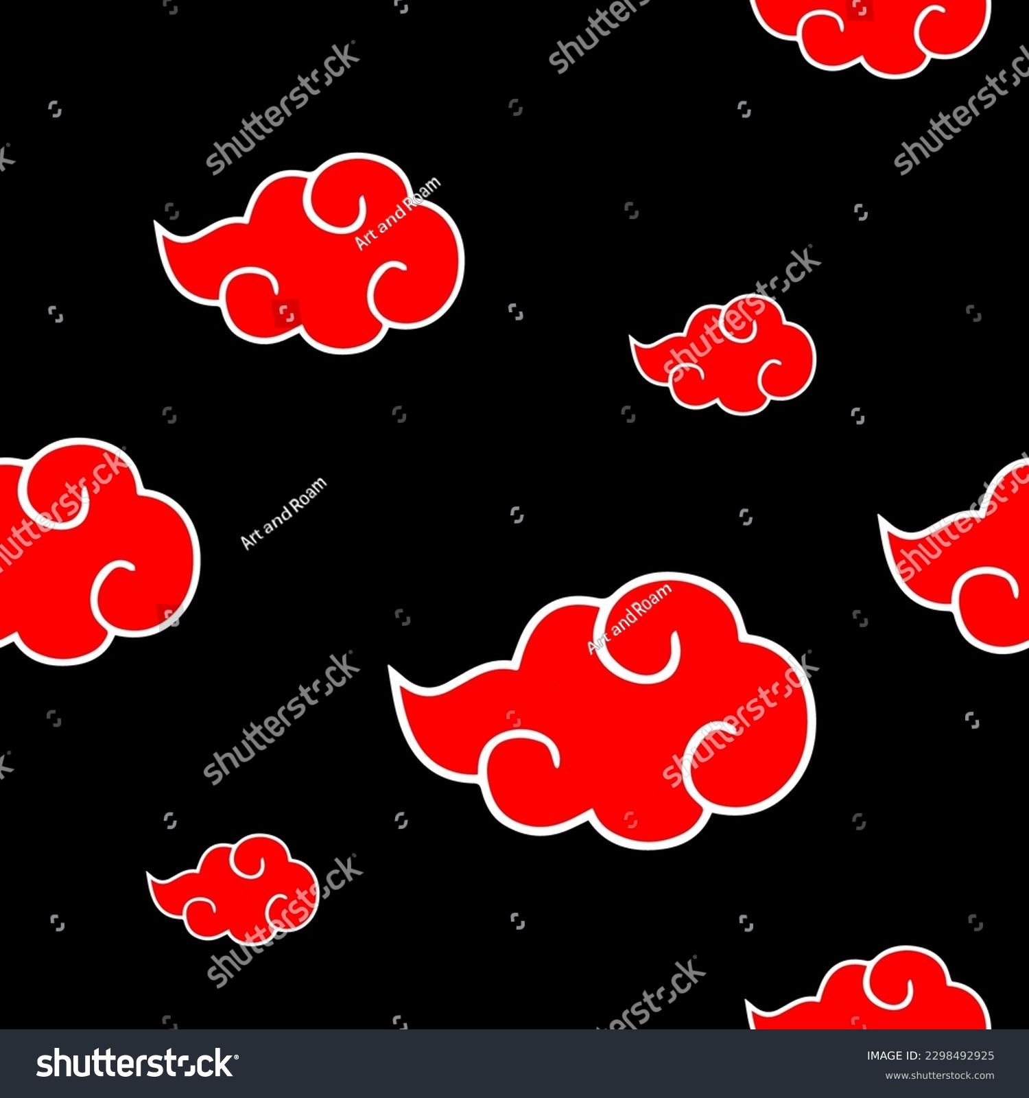 SVG of Japanese Clouds Seamless Pattern inspired by Anime and Manga. Vector graphic with red elements on black background. Asian style design for textile, apparel, clothing, background. svg