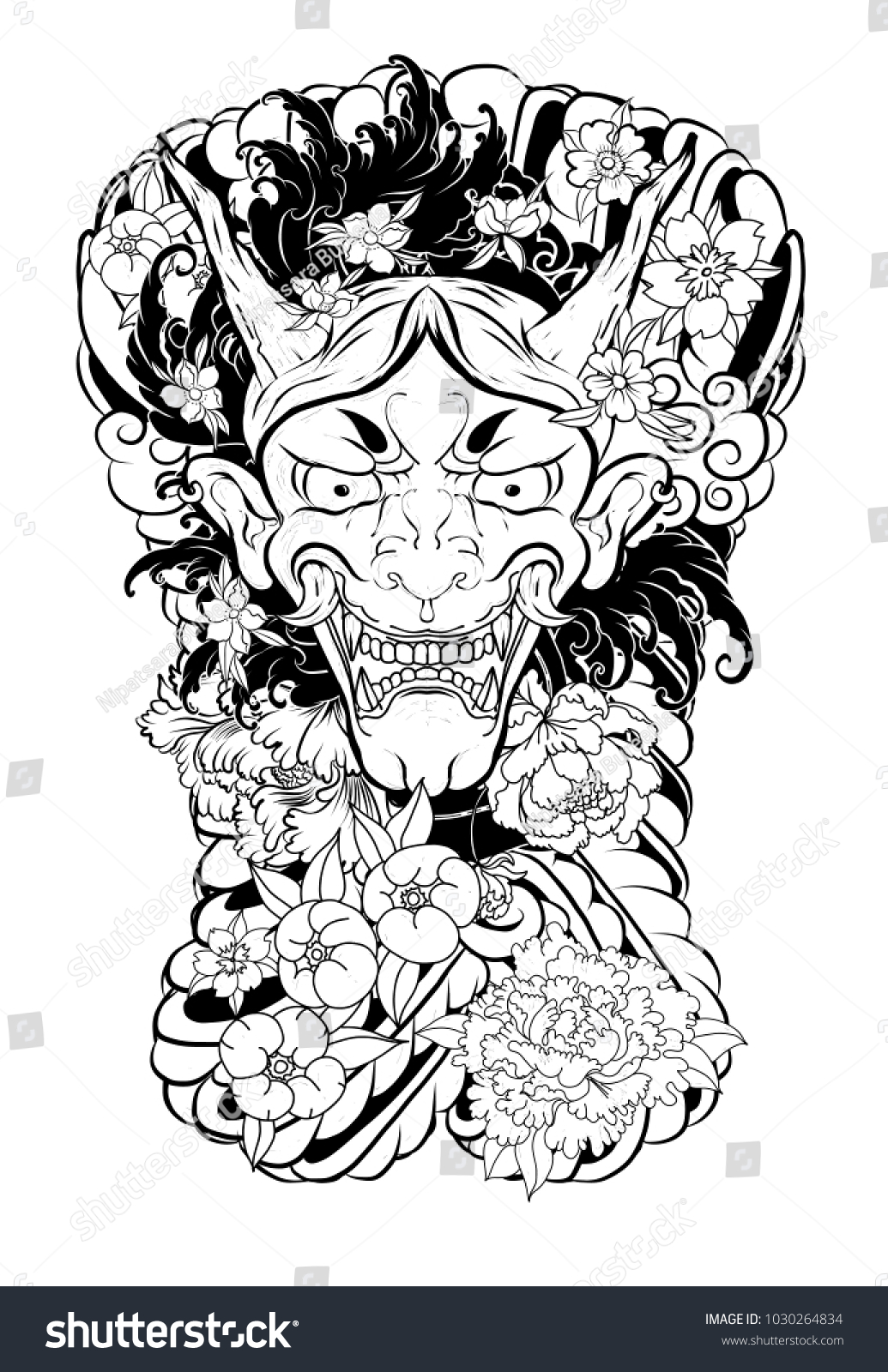Japanese Demons Mask Tattoo Design Full Stock Vector Royalty Free