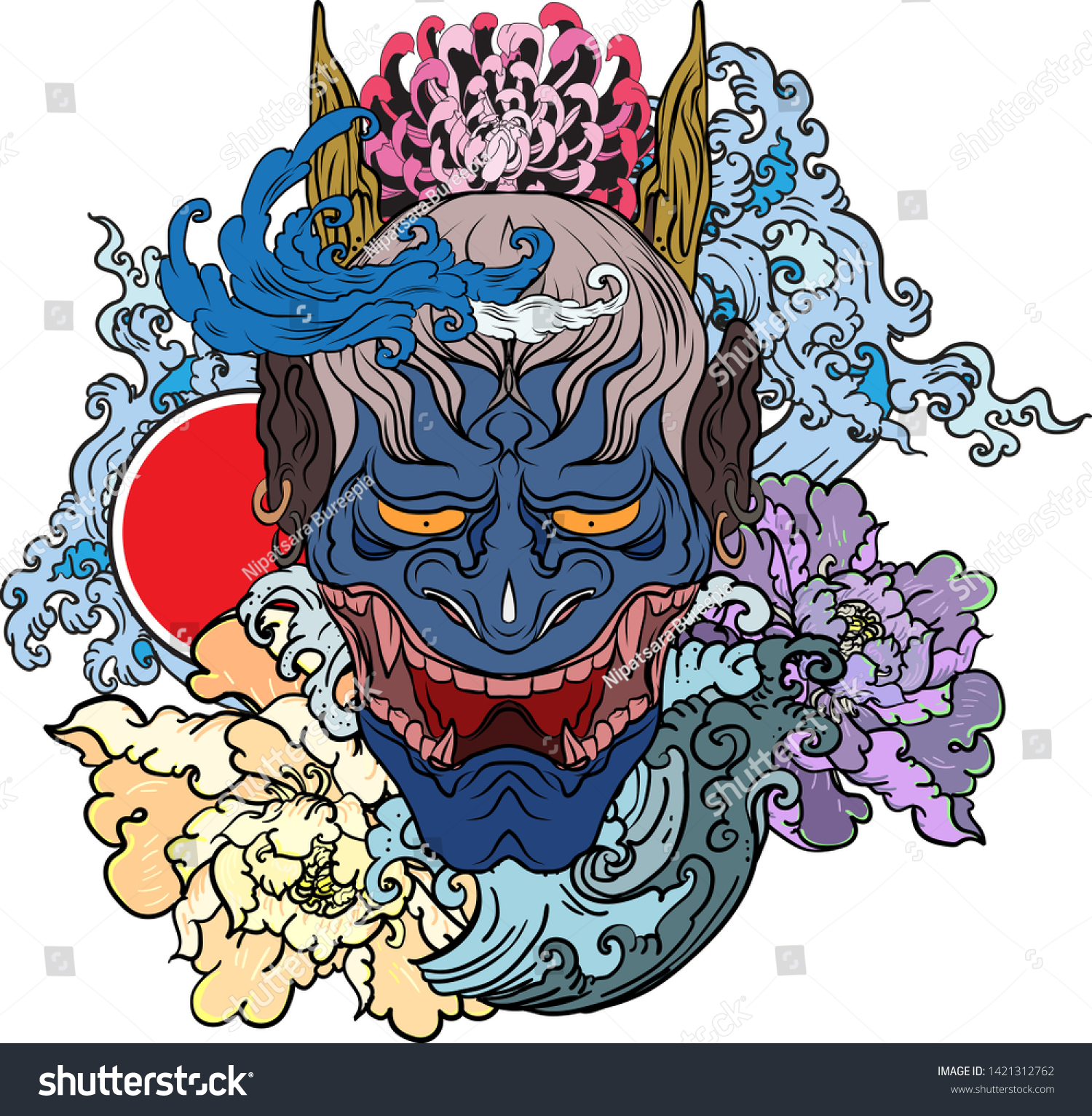 Japanese Demons Mask Tattoo Design Full Stock Vector Royalty Free