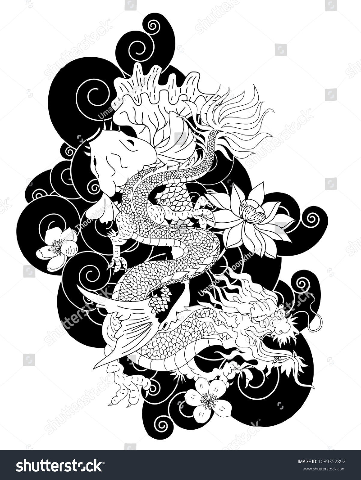 Japanese Dragon Koi Carp Lotus Flower Stock Vector Royalty Free 1089352892