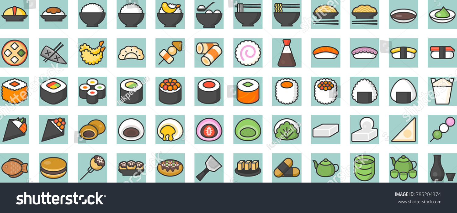 SVG of japanese food and beverage filled line icon, sushi, yakisoba, takoyaki, onigiri, green tea, sake, dorayaki, mochi, rice ball, miso soup, tofu, oden, dango, taiyaki, tempura, ramen, rice bowl, gyoza svg