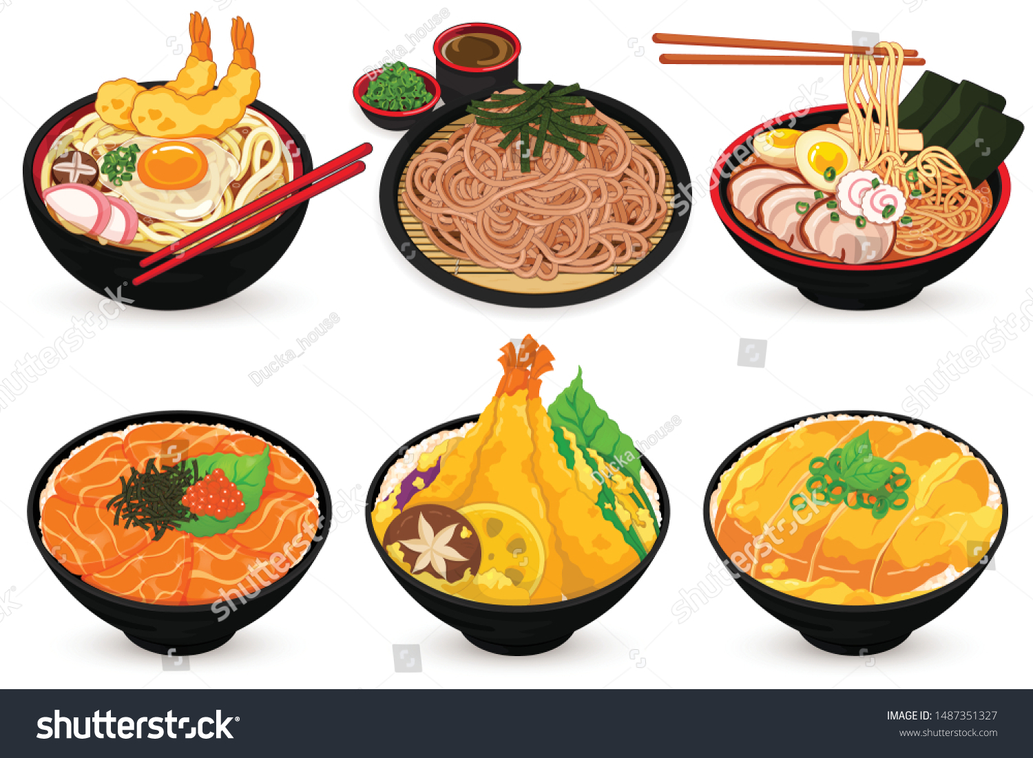日本食 うどん そば ラーメン 鮭いくら丼 カツ丼 天丼 イラストベクター画像 のベクター画像素材 ロイヤリティフリー