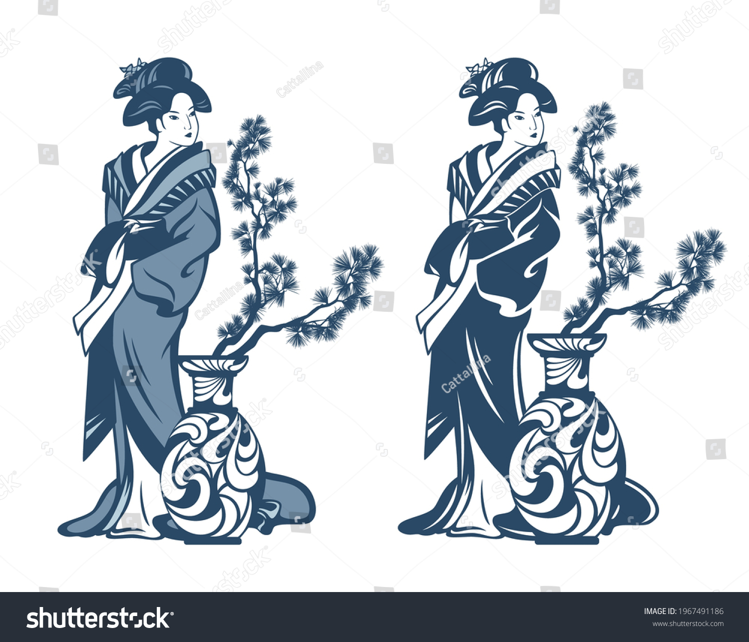 Japanese Geisha Wearing Traditional Kimono Clothes Stock Vector