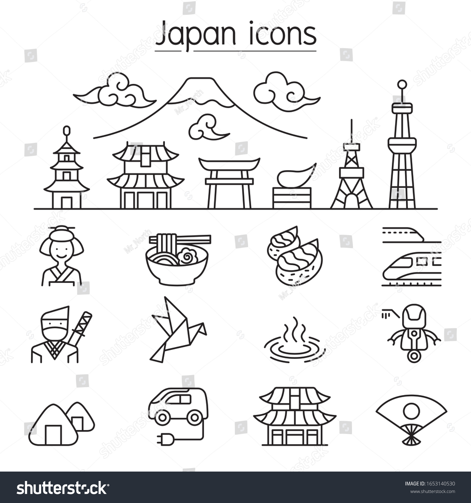 Japanese Icons Set Thin Line Style Stock Vector (Royalty Free ...