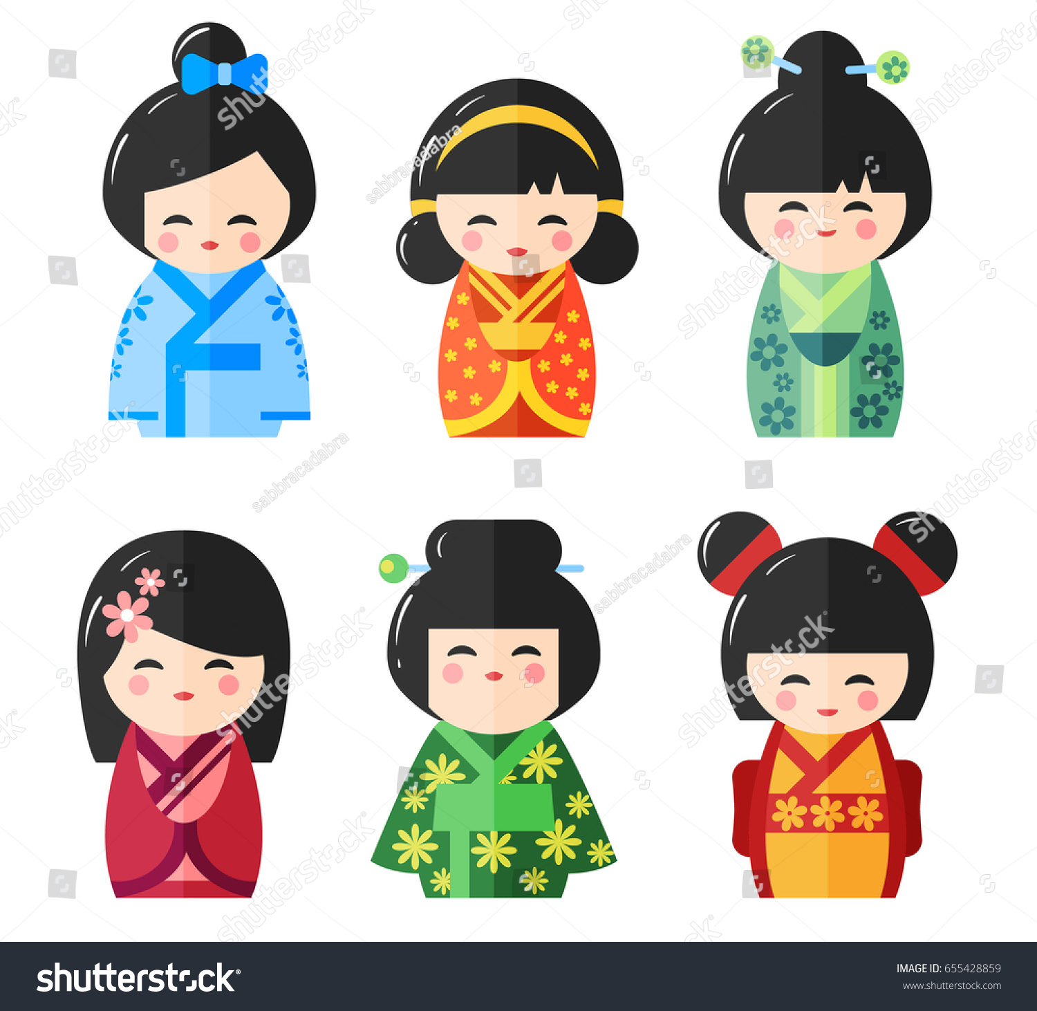 Japanese Kokeshi Dolls Icons Kawaii Asian Stock Vector ...