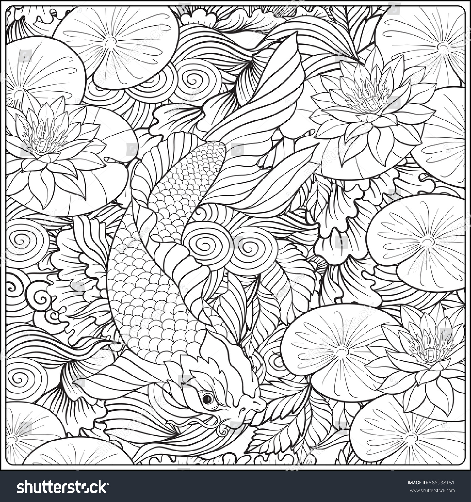 Japanese Landscape Lotus Fish Outline Drawing Stock Vector 568938151  Shutterstock