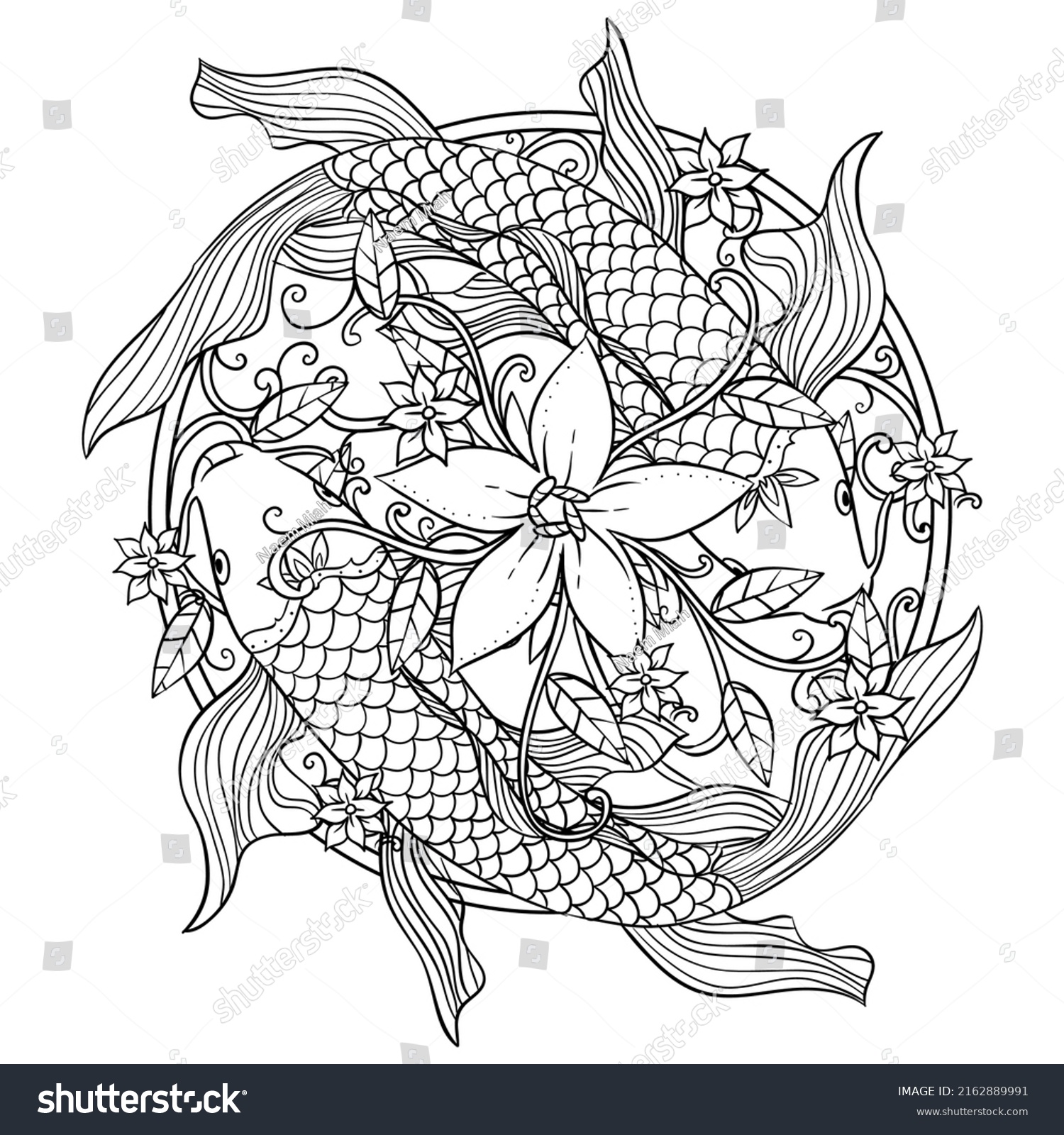 Japanese Landscape Lotus Fish Outline Drawing Stock Vector (Royalty ...