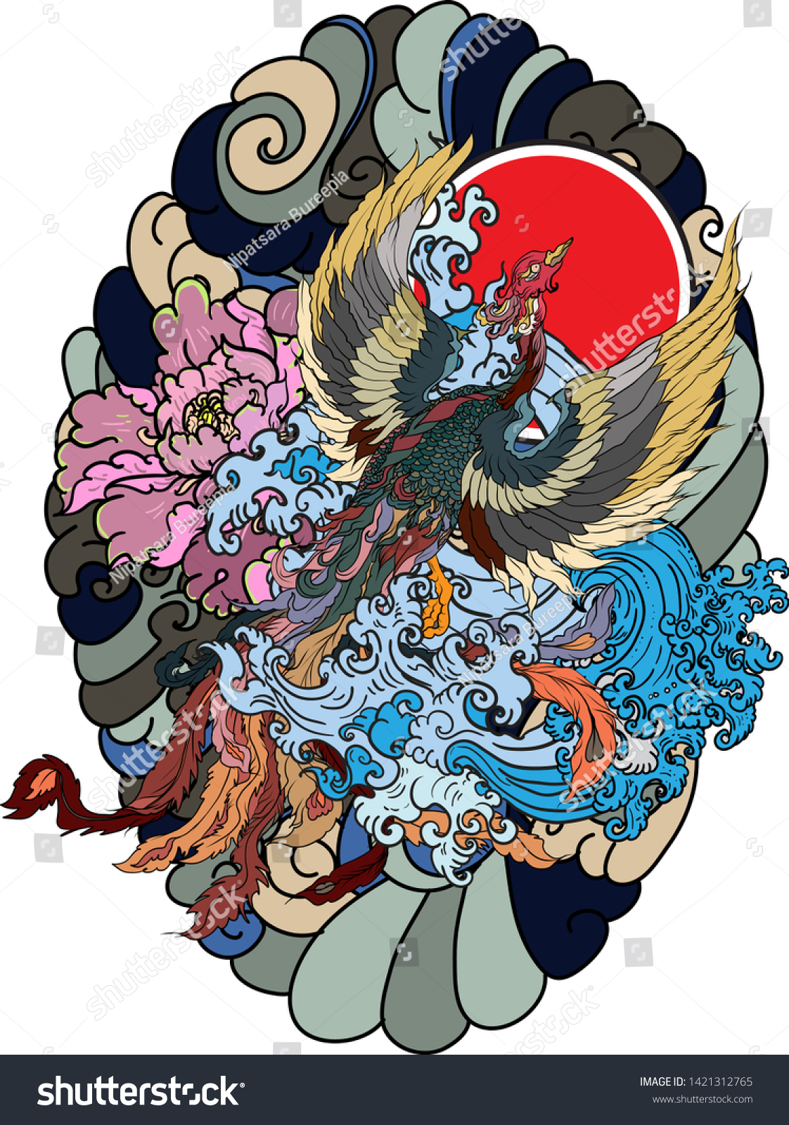 孔雀の入れ墨 アジアの鳳凰の入れ墨デザイン カラフルな鳳凰の入れ墨 手描きの日本の入れ墨 のベクター画像素材 ロイヤリティフリー