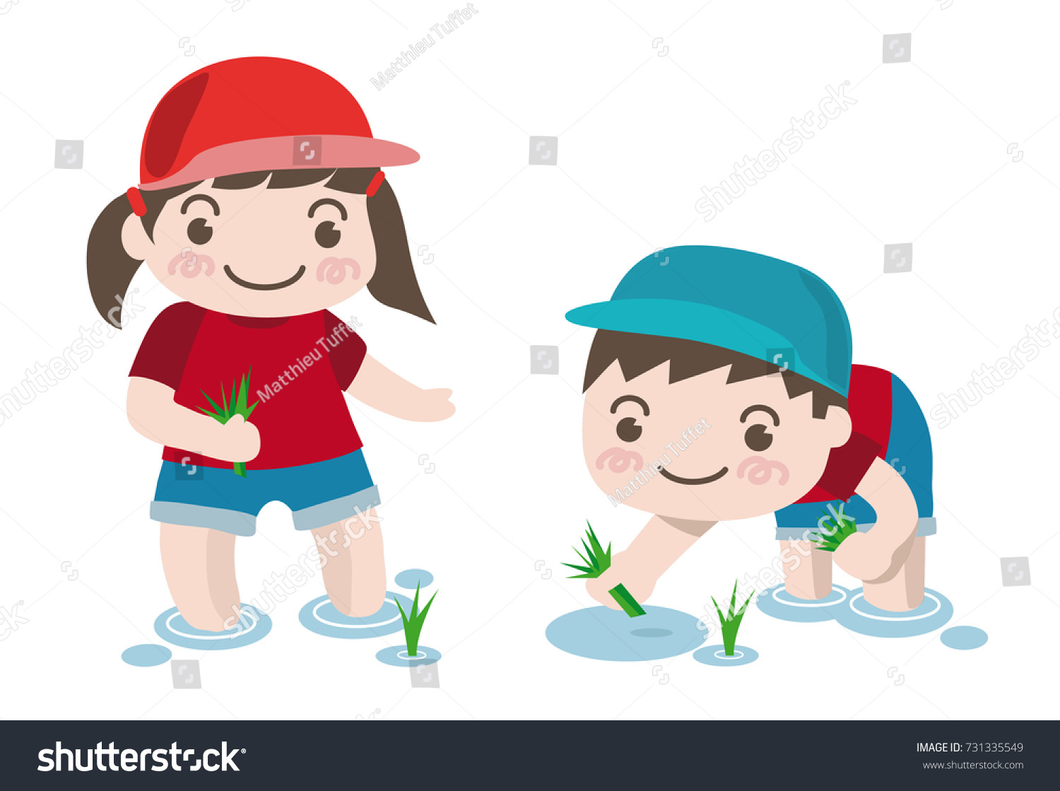 Japanese Preschool Kids Transplanting Rice Vector Stock Vector (Royalty ...