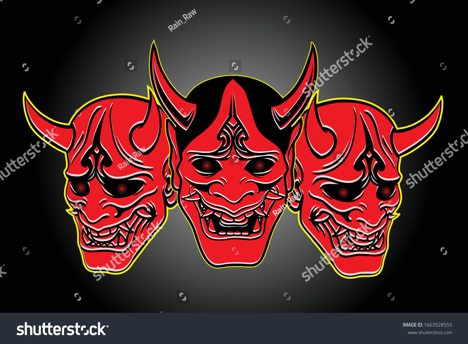 日本の赤鬼の仮面 暗い背景にベクター鬼マスクセットイラスト のベクター画像素材 ロイヤリティフリー