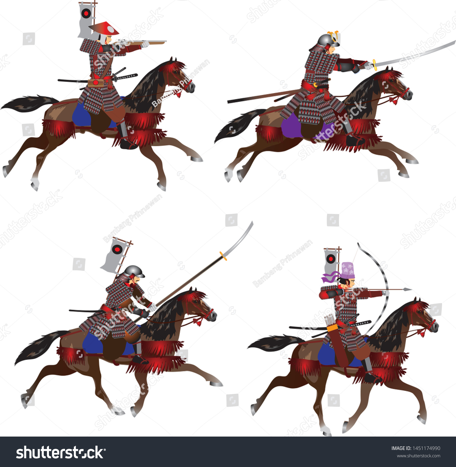 Japanese Samurai Riding Horse Set Archer Stock Vector Royalty Free