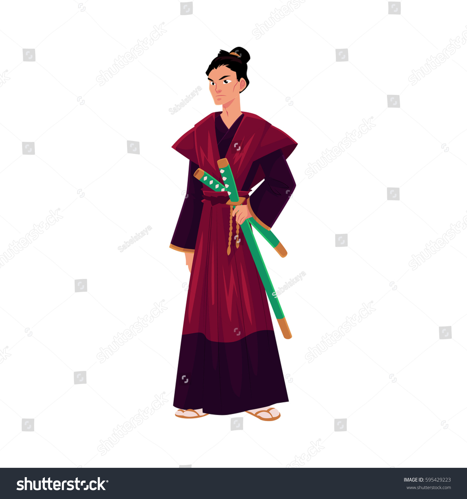 Japanese Samurai Warrior Traditional Kimono Katana Stock Vektorgrafik Lizenzfrei