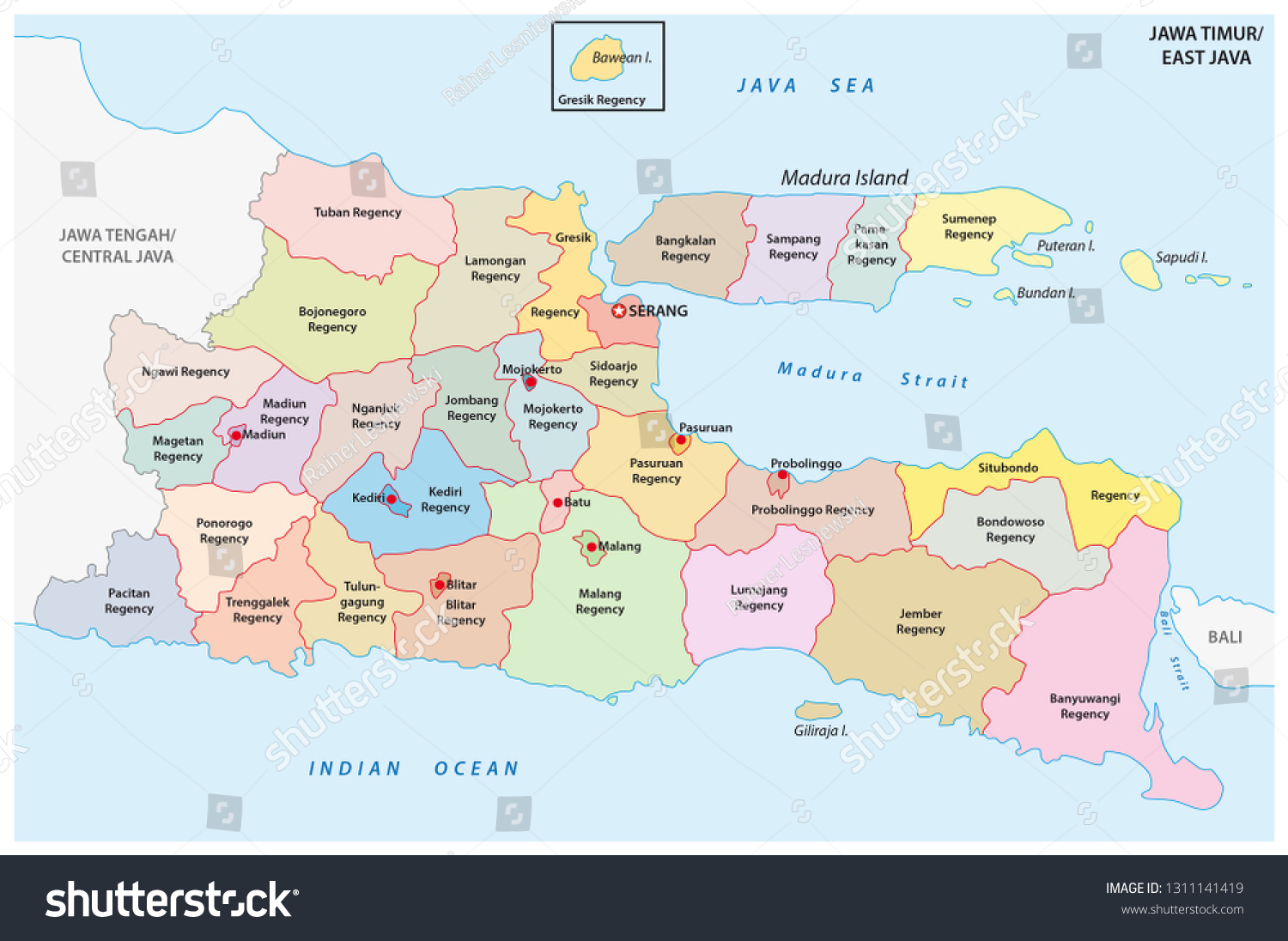 SVG of Jawa Timur, East Java administrative and political vector map, Indonesia svg